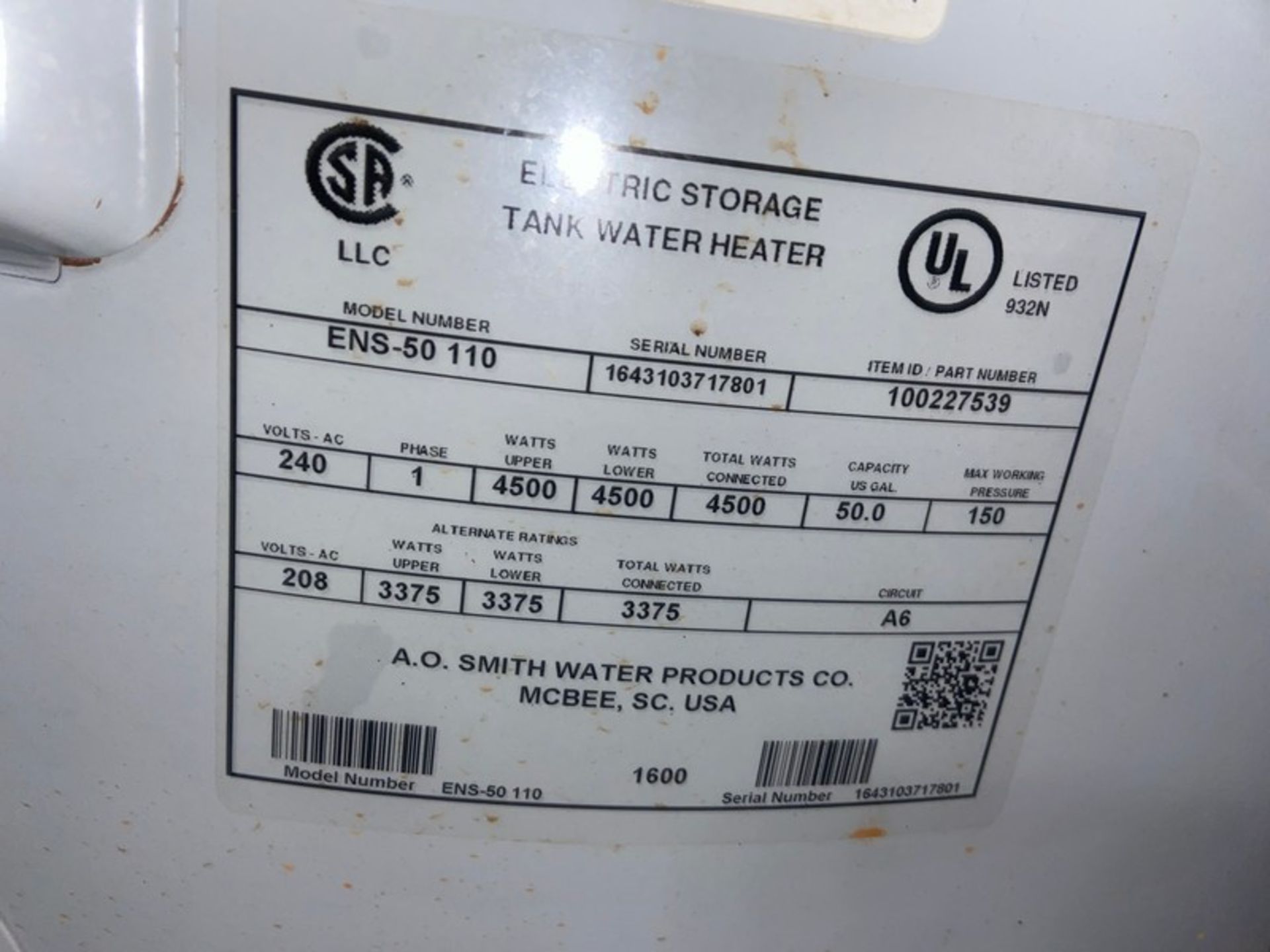 AO Smith Hot Water Tank, M/N ENS-50110, S/N 1643103717801 (LOCATED IN RED HOOK BROOKLYN, N.Y.) - Image 5 of 5