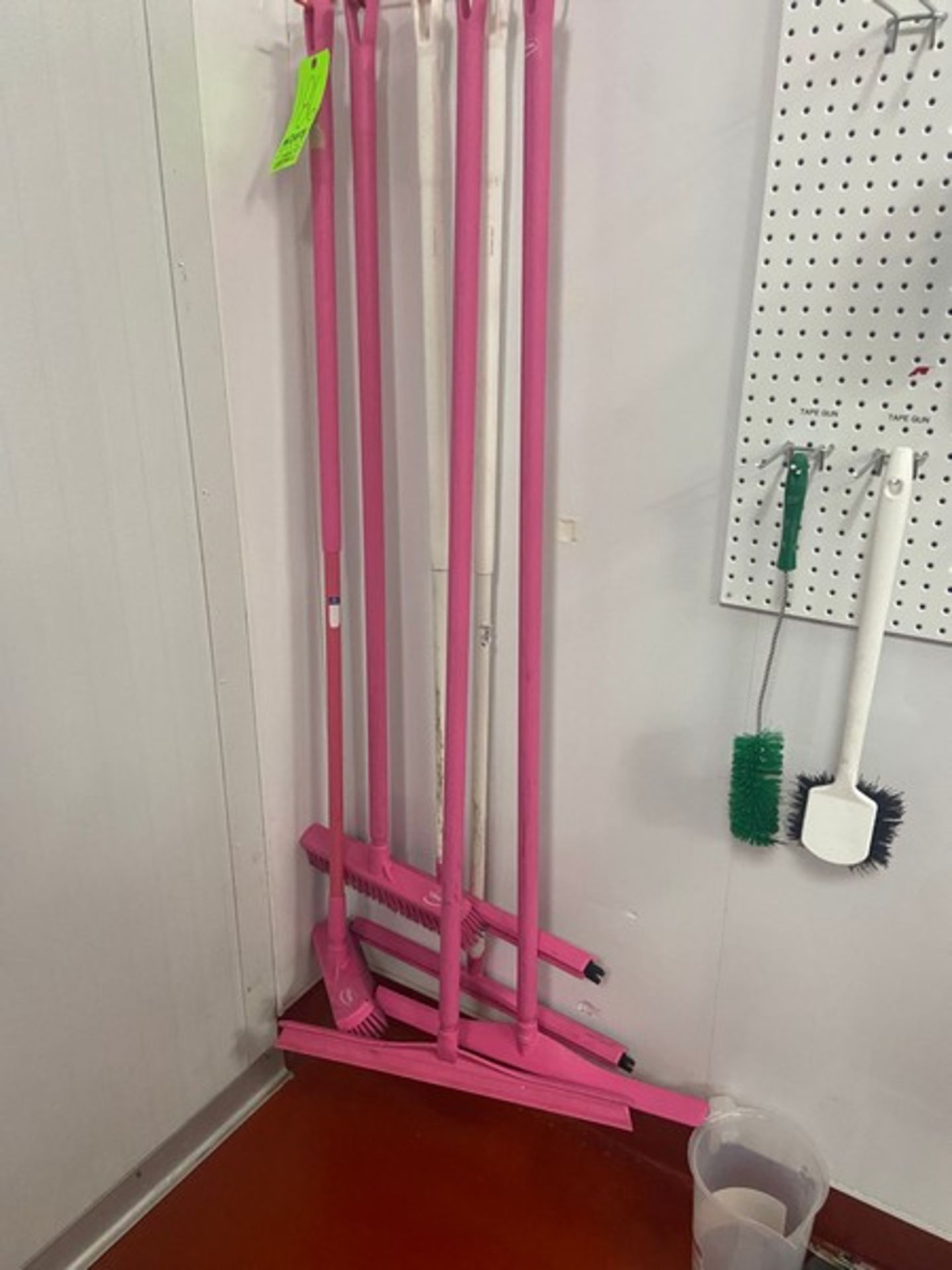 Lot of Assorted Pink Floor Squeegees with Assorted Brushes, Includes Rack & Hole Board (LOCATED IN - Image 2 of 2