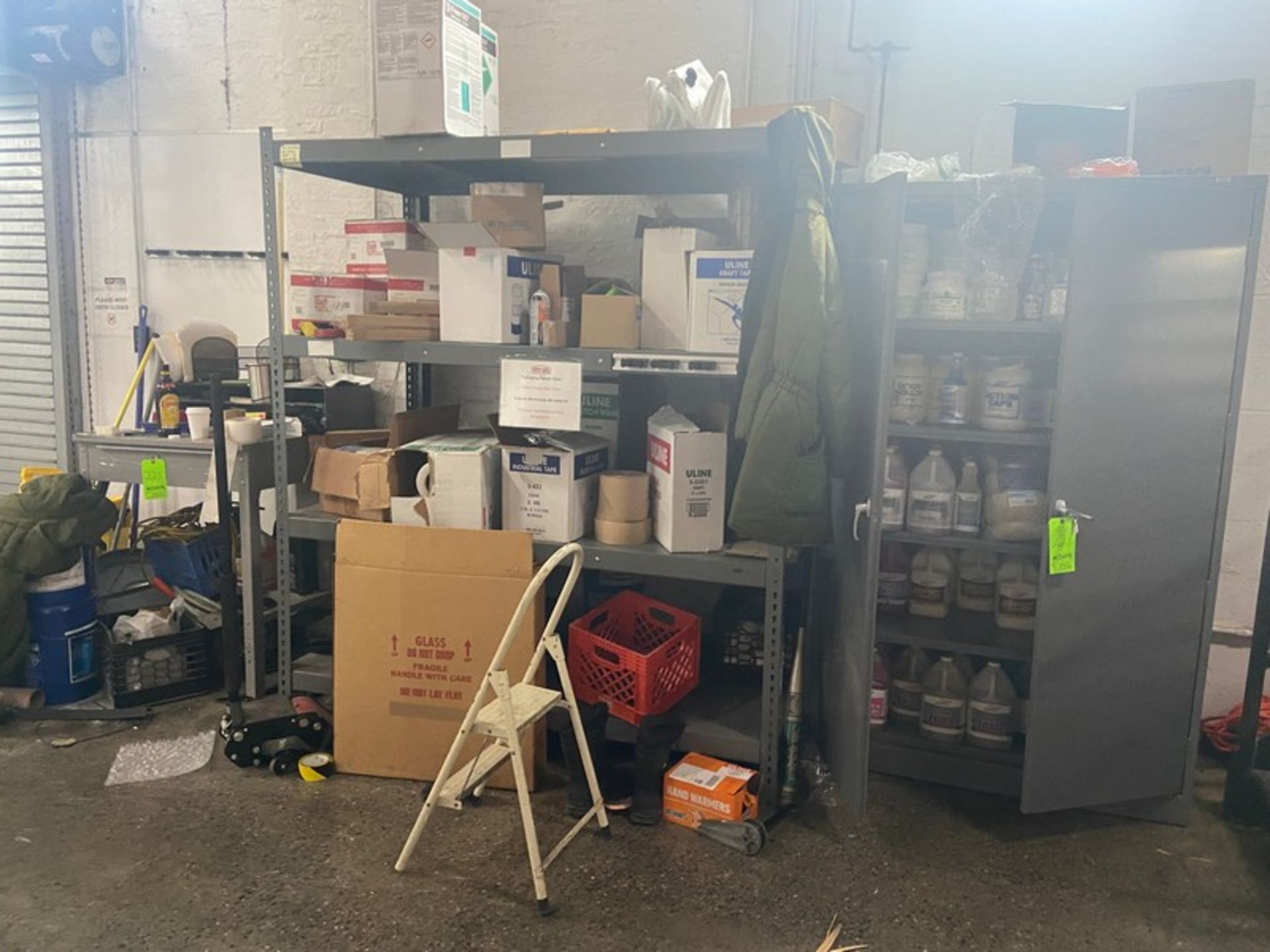 Double Door Storage Cabinet, with 4-Shelf Warehouse Shevling Unit, with Foreman Desk (LOCATED IN RED