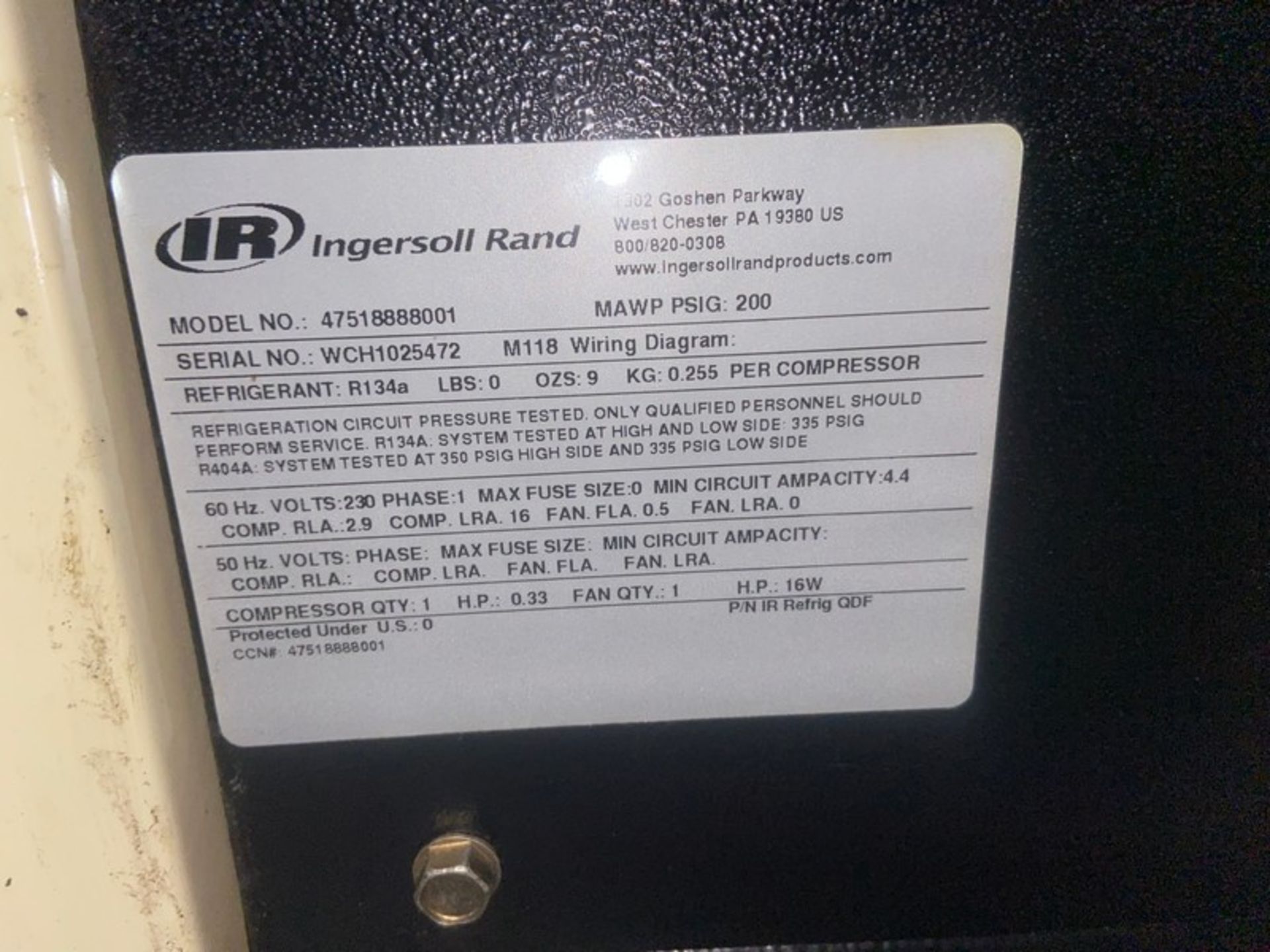 2018 Ingersoll-Rand Air Compressor, M/N 47518888001, S/N WCH1025472, with Bottom Mounted Air - Image 3 of 7