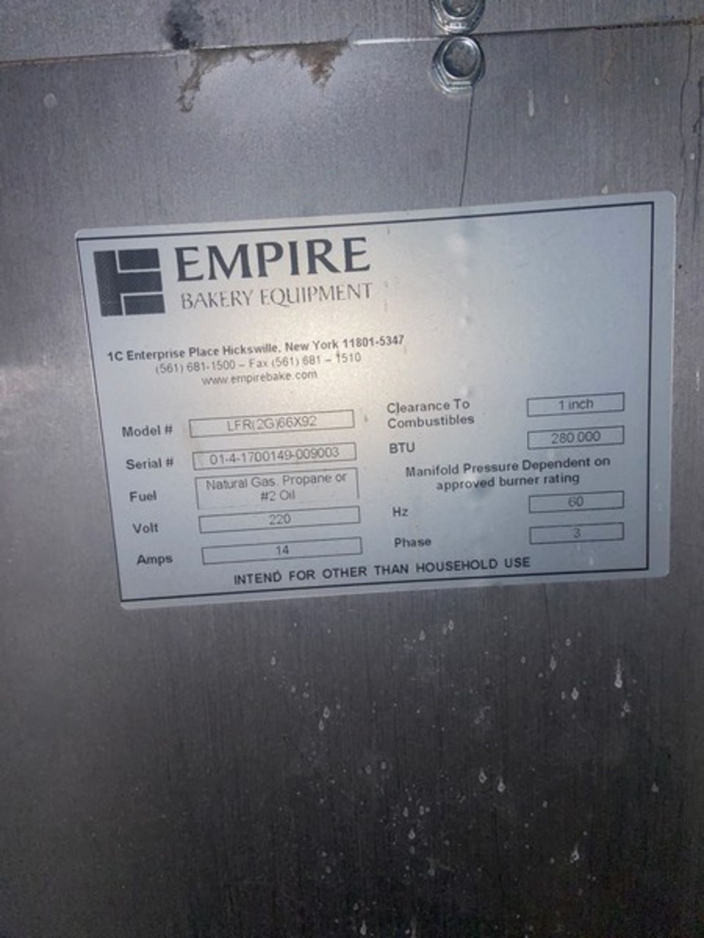 Empire Single Rack S/S Oven, M/N LFR(2G)66X92, S/N 01-4-1700149-009003, Fuel: Natural Gas, - Bild 5 aus 14