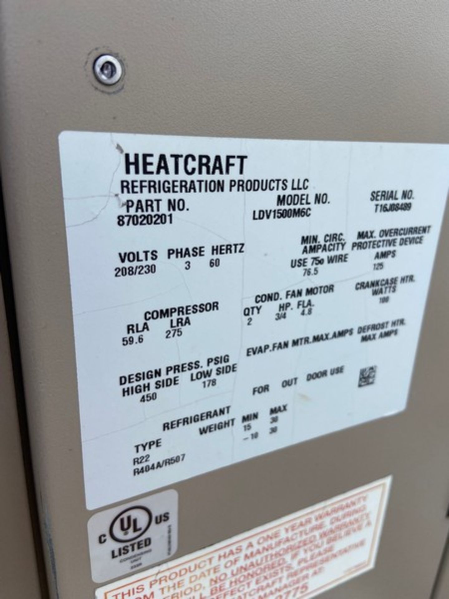 Heatcraft Refrigeration Products LLC. Freon Refrigeration Unit, M/N LVD1500M6C, S/N T16J6889, 208/ - Bild 3 aus 6