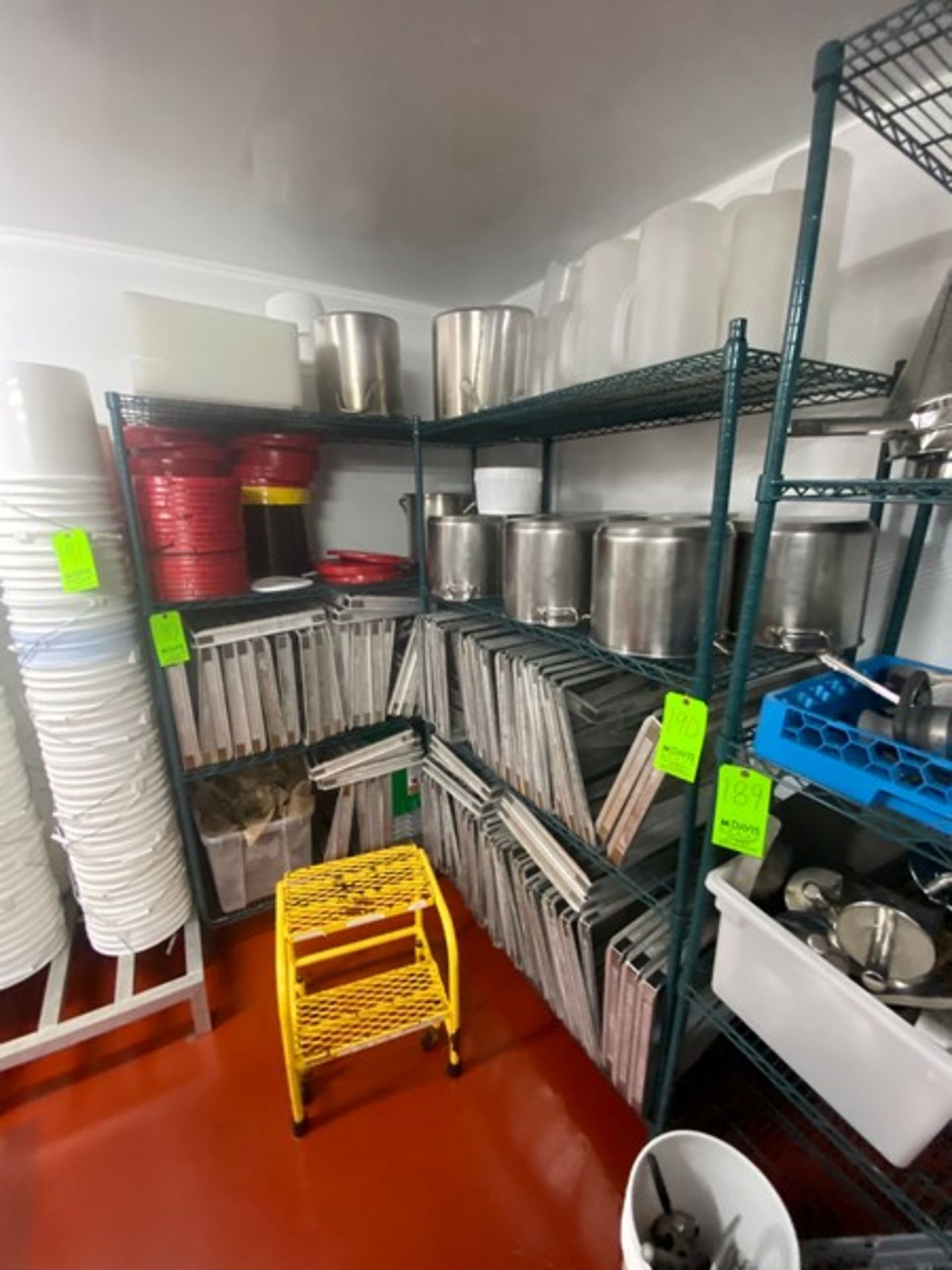 Lot of Assorted S/S Pots, Pans, Plastic Pitchers, Plasticware, & Other Present Contents (LOCATED