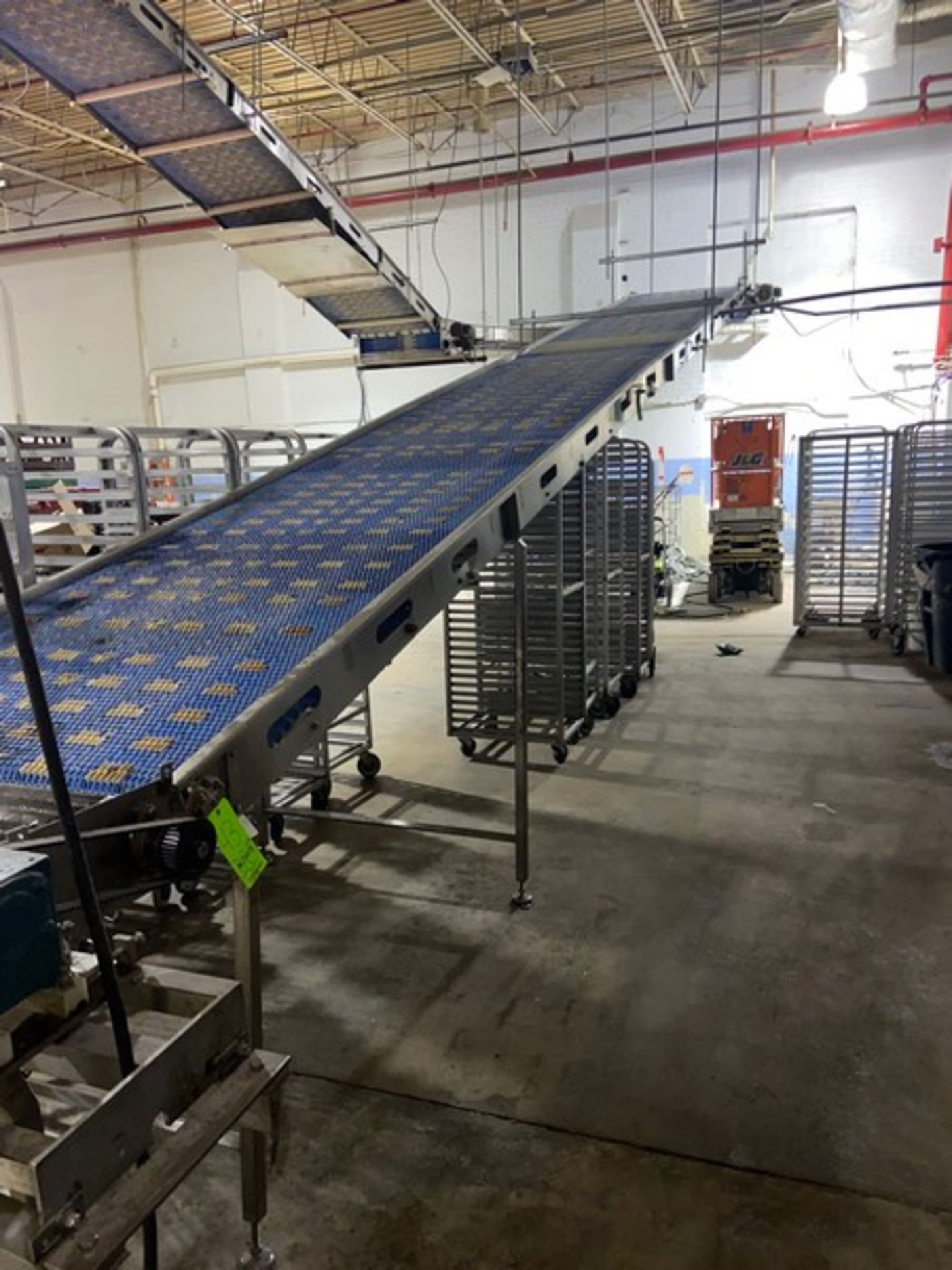 Suspended Product Conveyor, with Aprox. 42" W Plastic Interlock Belt, with 1-Section of 180 Degree