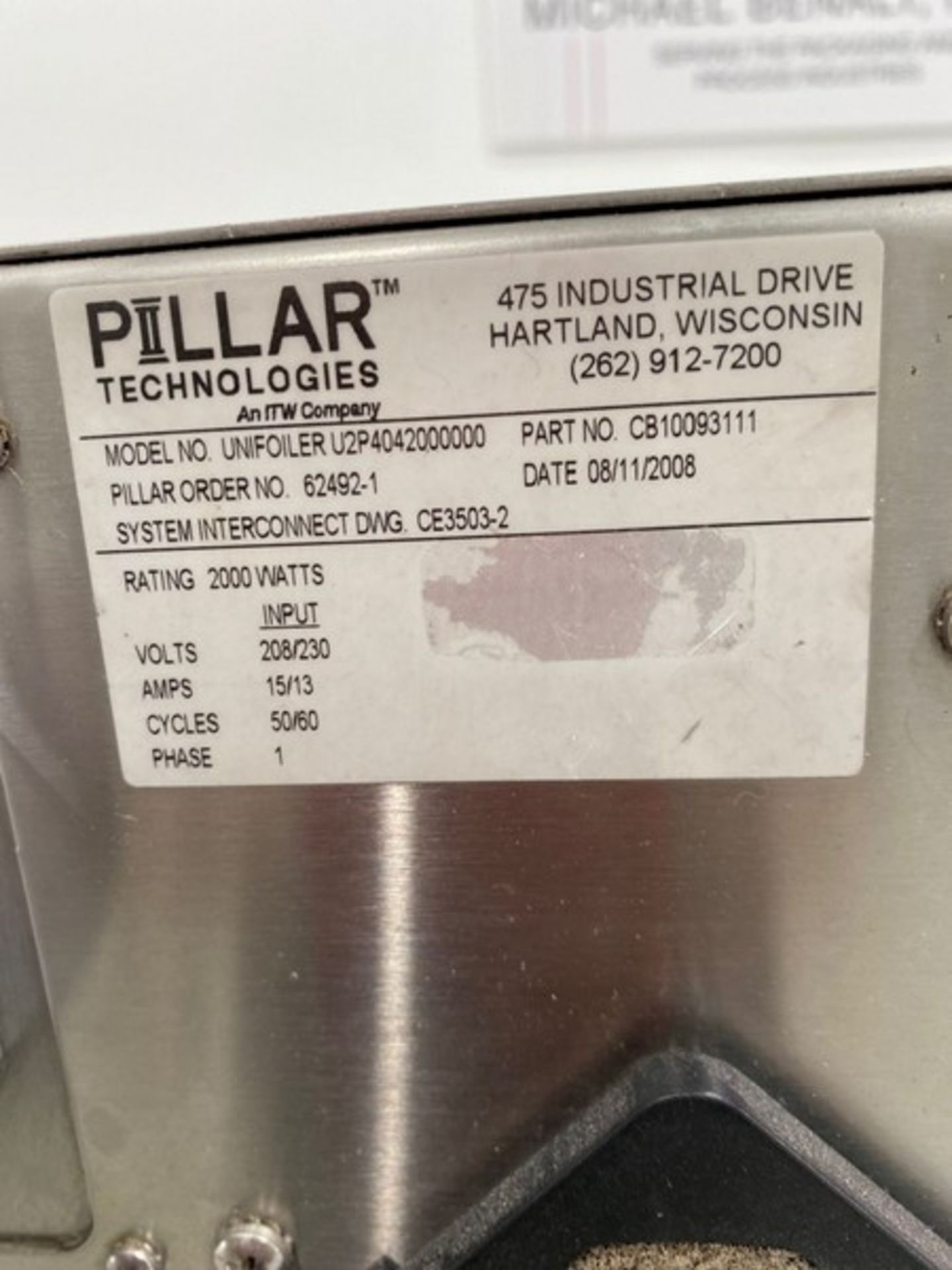 Pillar Unifoiler Induction Sealer. 2000 Watts, 208/230 Volt, 15/13 Amp, 50/60 Hz, Single Phase. Flat - Image 3 of 3