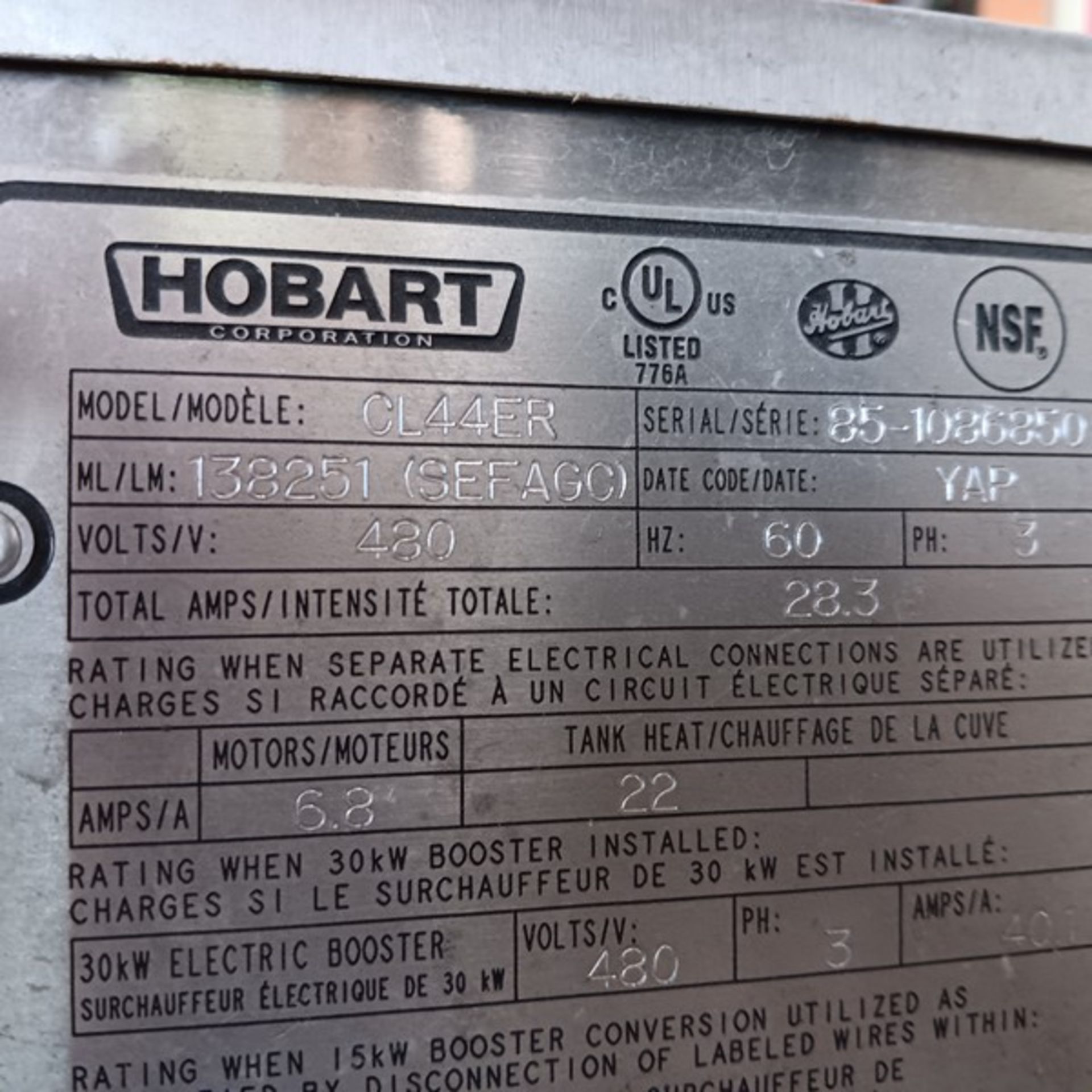 Hobart CL44ER Pass Through Dishwasher, S/N85-1086850, Volt 480, 3 Phase, Electrical Dryer (Located - Image 8 of 10
