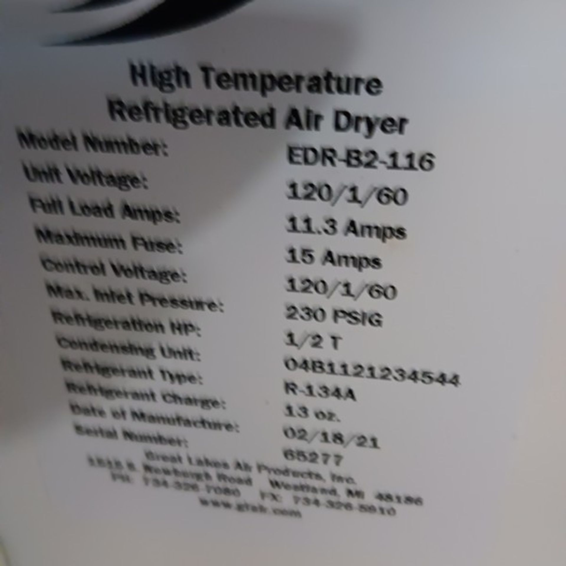 Great Lakes Refrigerated Air Dryer, Model EDR-B2-116, Volt 120 with Oil and Water Separator (Located - Image 4 of 4