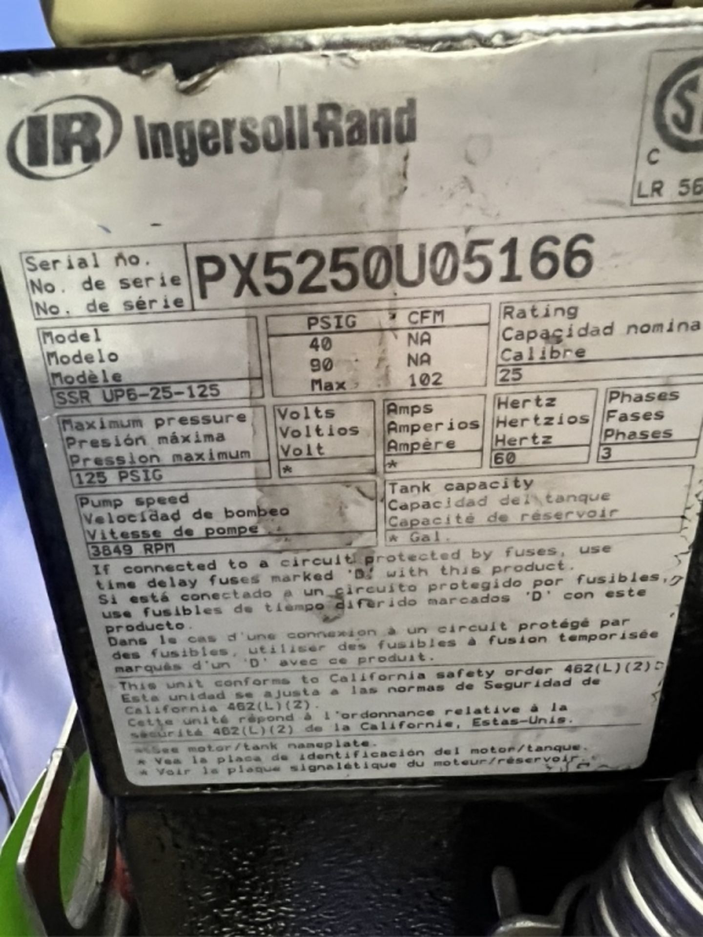 INGERSOL RAND AIR COMPRESSOR, MODEL SSR UP6-25-125, S/N PX5250U05166, 25 HP, 125 PSI, 3 PHASE - Image 7 of 7