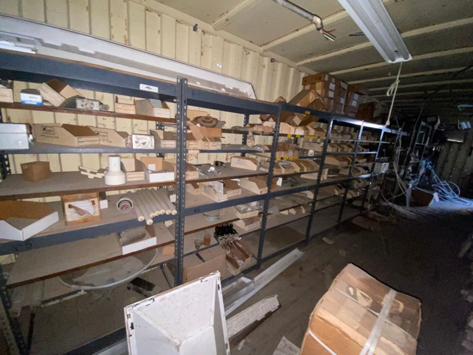 Contents of (2) Overseas Containers, Includes Plumbing, Bearings, Valving Parts Bins, Shelving, Ligh - Image 12 of 25