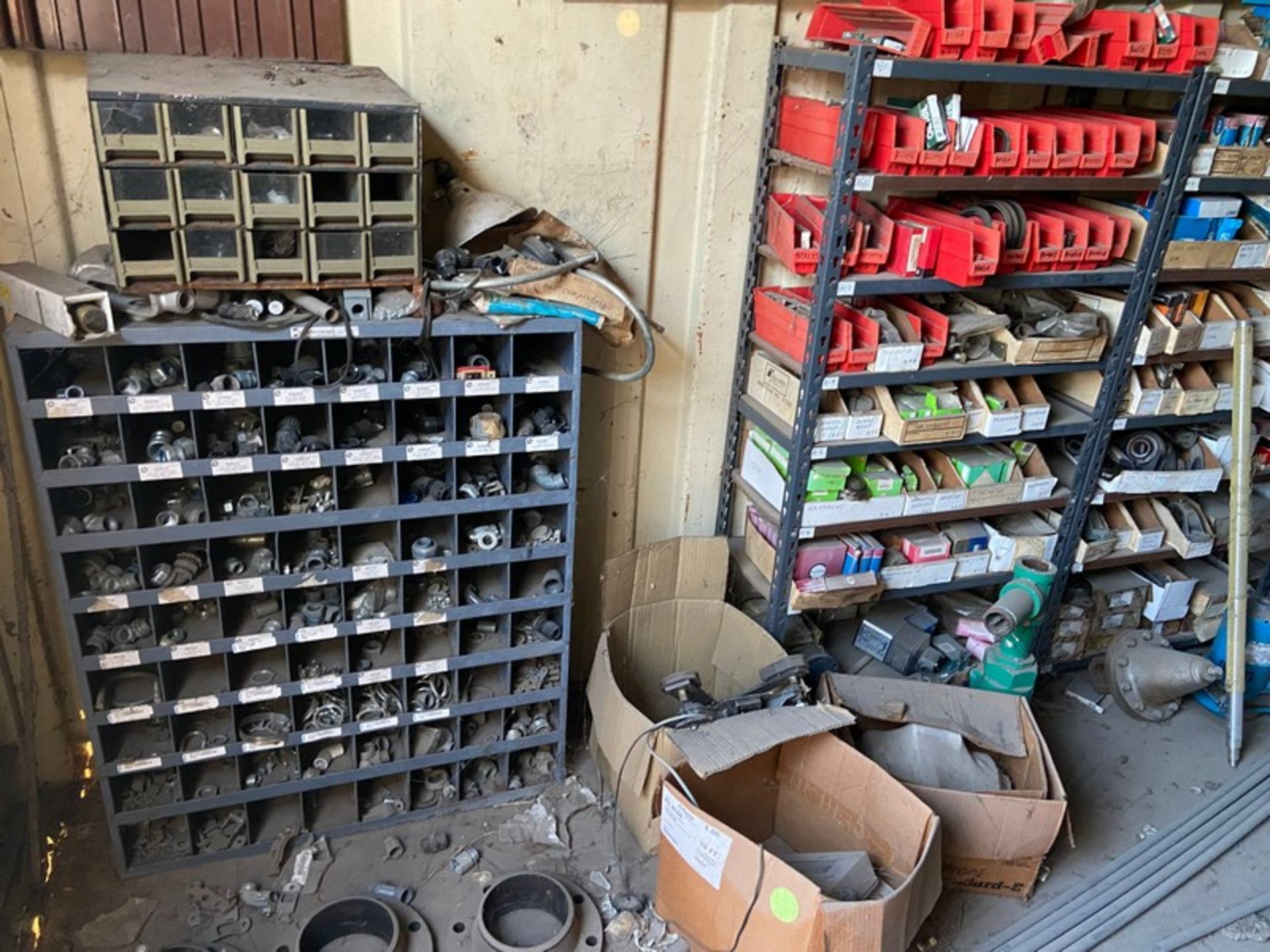 Contents of (2) Overseas Containers, Includes Plumbing, Bearings, Valving Parts Bins, Shelving, Ligh