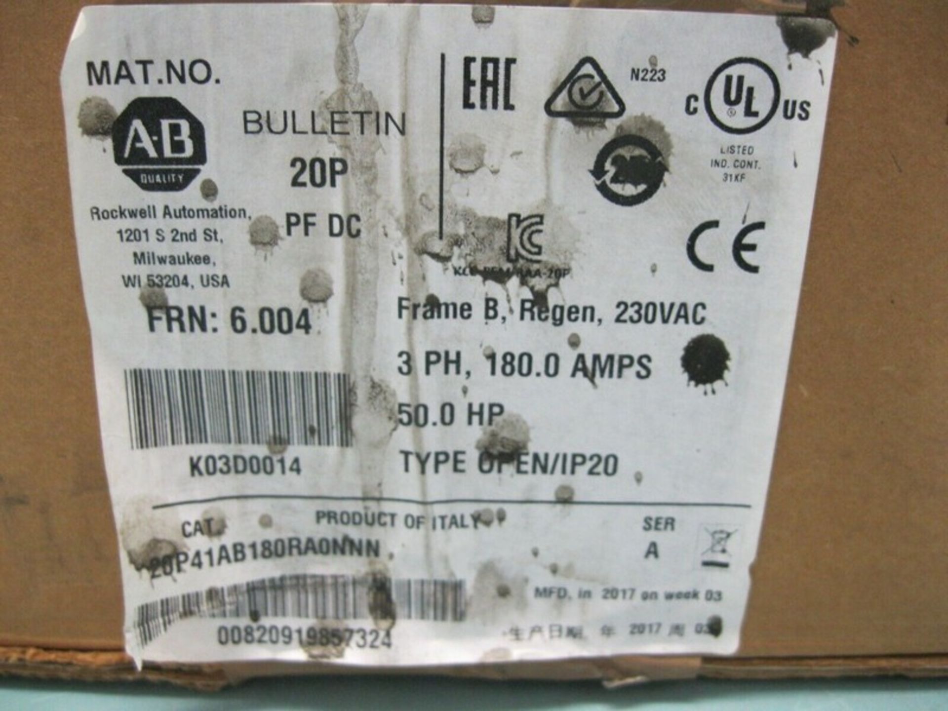 Allen-Bradley 20P-41AB180RA0NNN Ser A Powerflex DC Drive 50 HP NEW (Loading Fee $50) (Located - Image 7 of 7