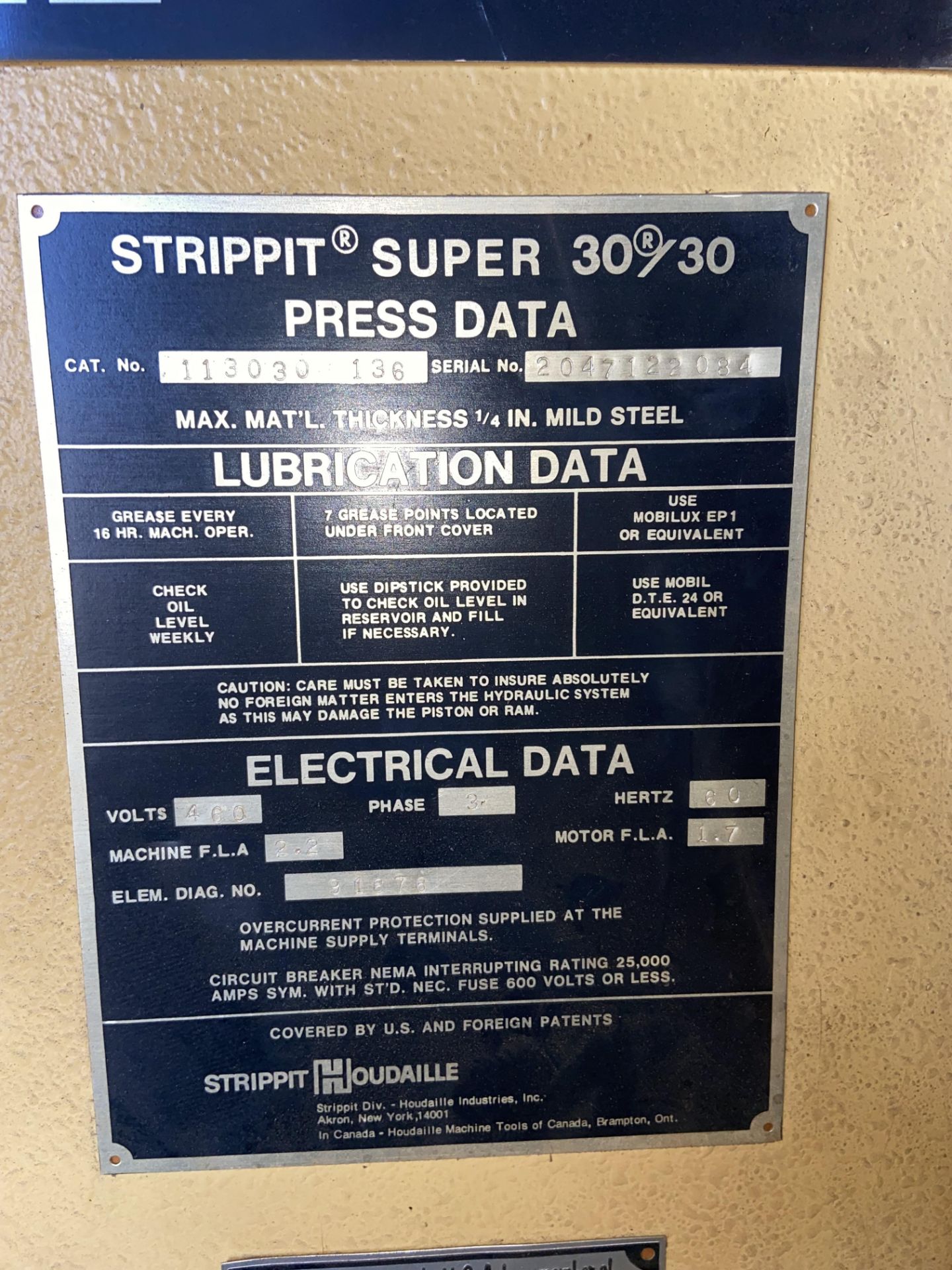 Strippit Single Punch Machine, M/N SUPER 30-30, S/N 2047122084, 460 Volts, 3 Phase - Bild 8 aus 8
