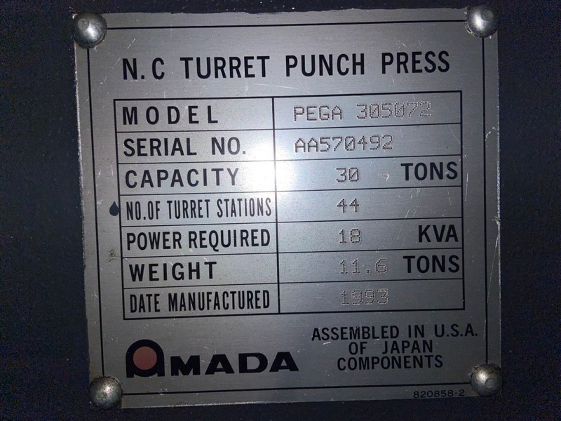 Amada Pega 357 30 Ton CNC Turret Punch, S/N AA570492, Weight 11.6, Year of Manufacture: - Image 10 of 21