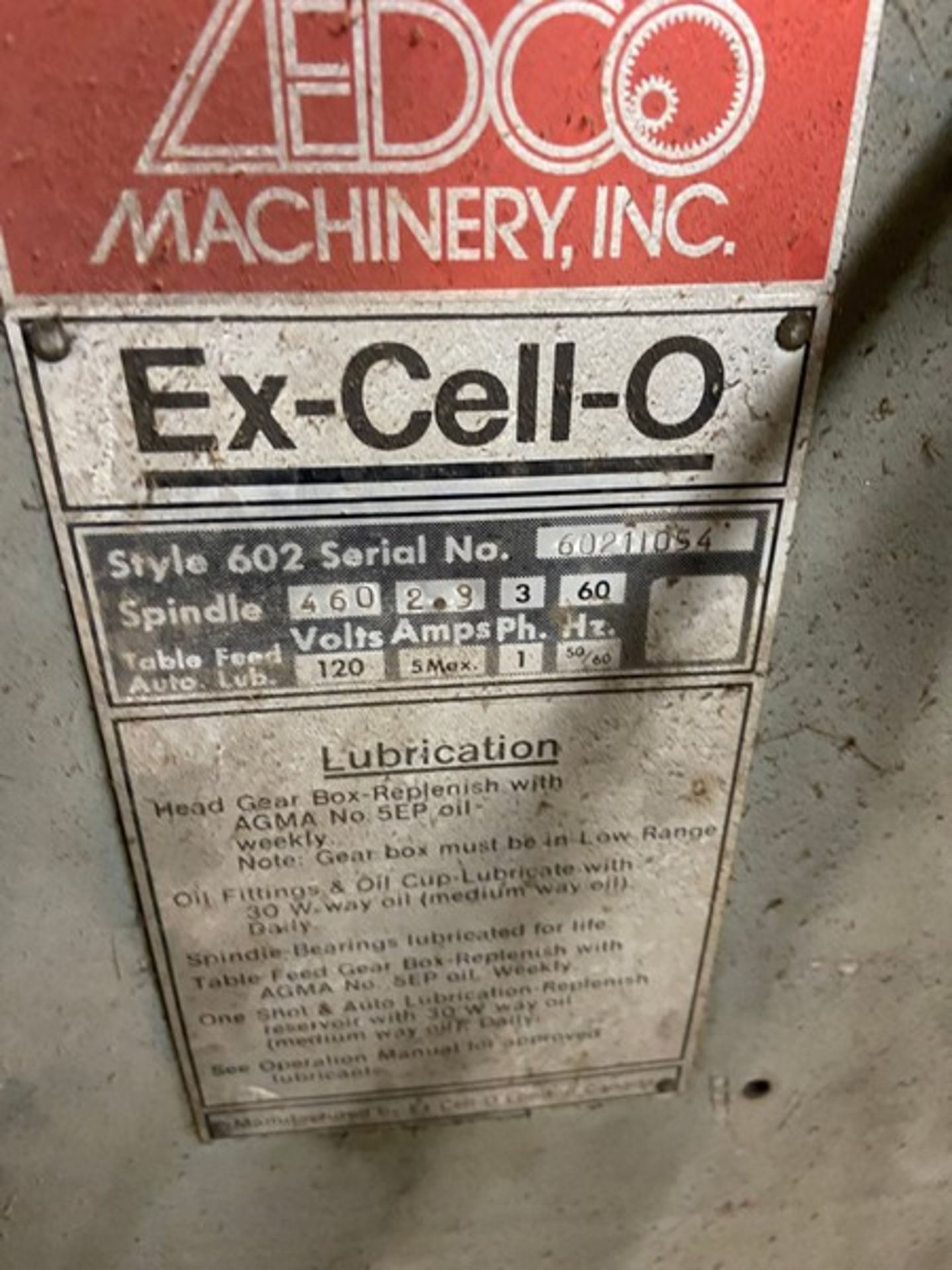 Ex-Cell-O Vertical Mill, Style 602, S/N 60211054, 460 Volts, 3 Phase (LOCATED IN CORRY, PA) - Image 5 of 7