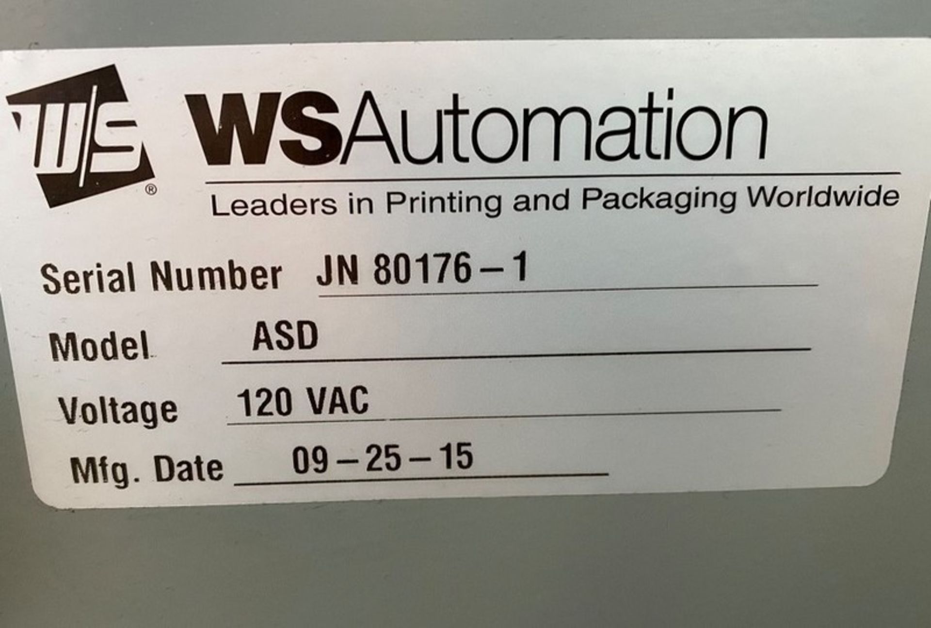 WS Automation Pressure Sensitive Wrap Bottle Labeler, Model ASD, Serial #JN80176-1, 2015 Year of - Image 9 of 12