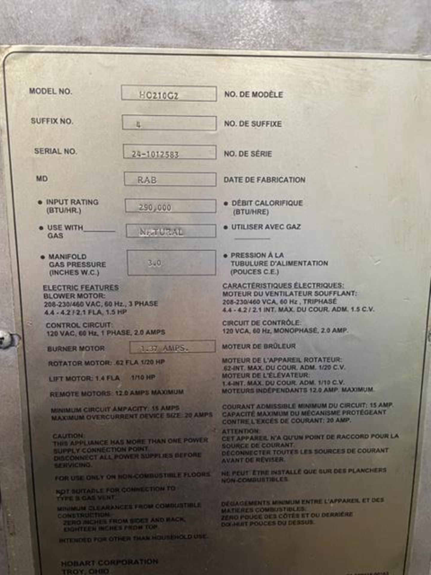 Hobart Oven, Model HC210G2, S/N 24-1012583, Natural Gas Input 290,000 BTU, Burner Motor 1.37 AMPS, - Image 4 of 4