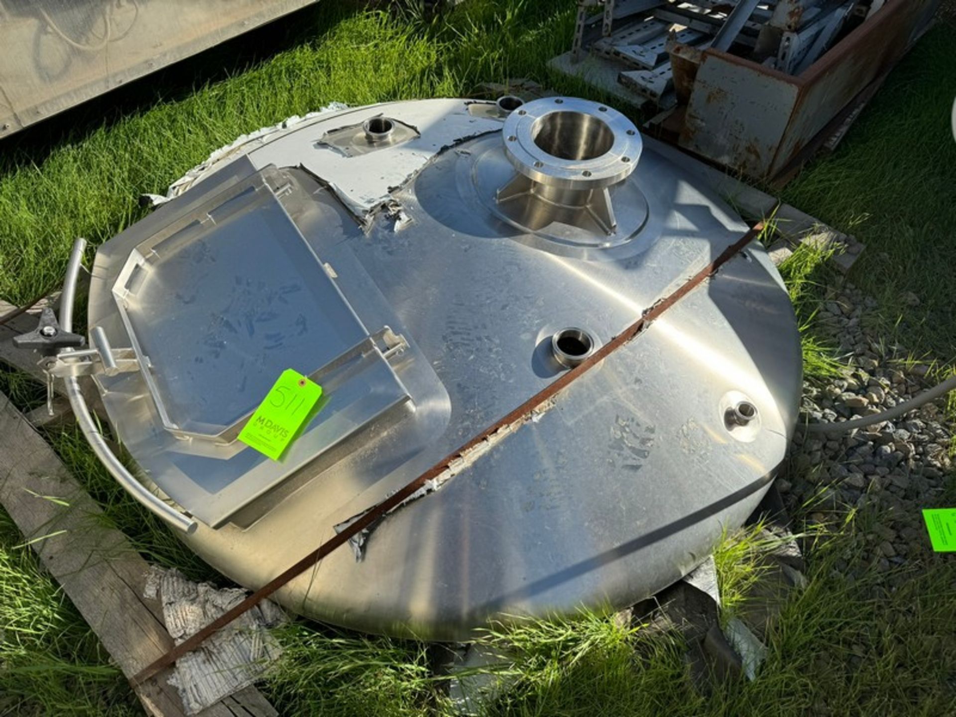 S/S Tank Lid, with Top Mounted Flange & Man Door, Aprox. 72” Dia., with Clamp Type Inlet/Outlet Port