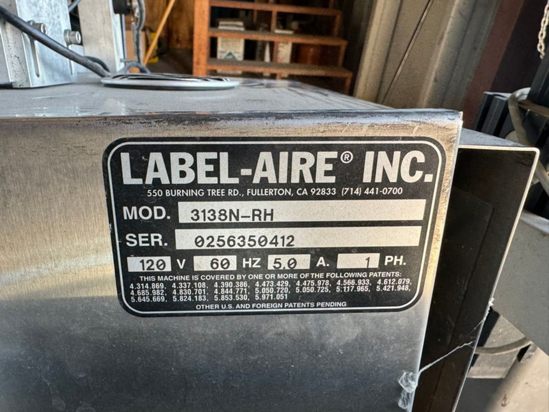 Label-Air Labeler, M/N 3138N-RH, S/N 0256350412, 120 Volts, 1 Phase, Mounted on Portable Frame (RIGG - Image 5 of 7