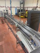 S/S Product Conveyor, with Dual Lanes Running Out of Filler, with Guides, with Aprox. 3" W Plastic