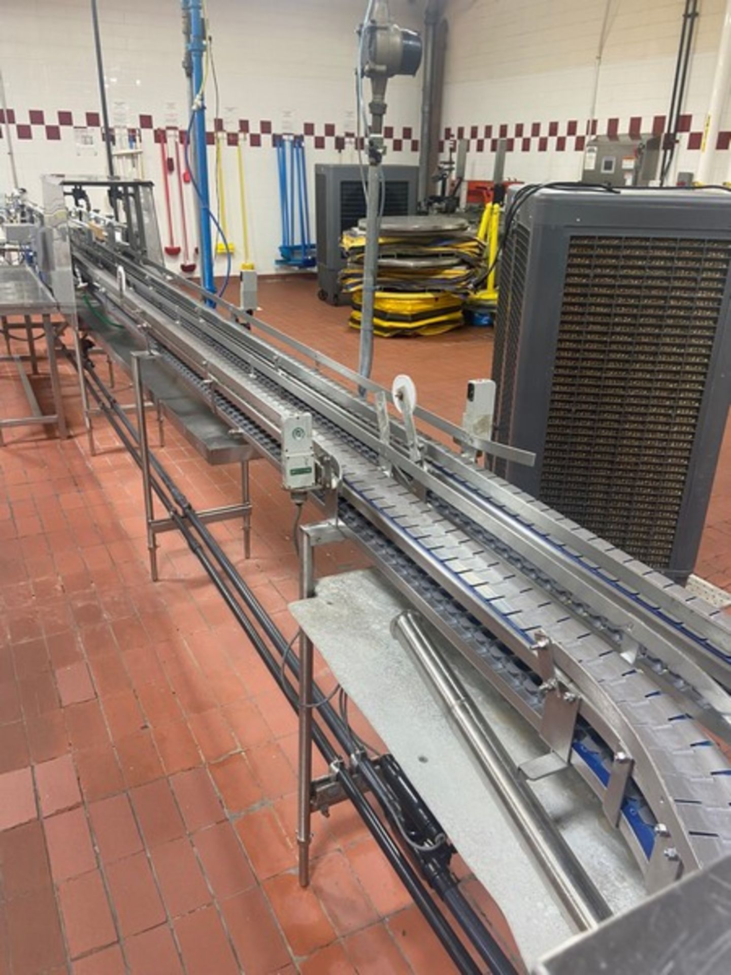 S/S Product Conveyor, with Dual Lanes Running Out of Filler, with Guides, with Aprox. 3" W Plastic