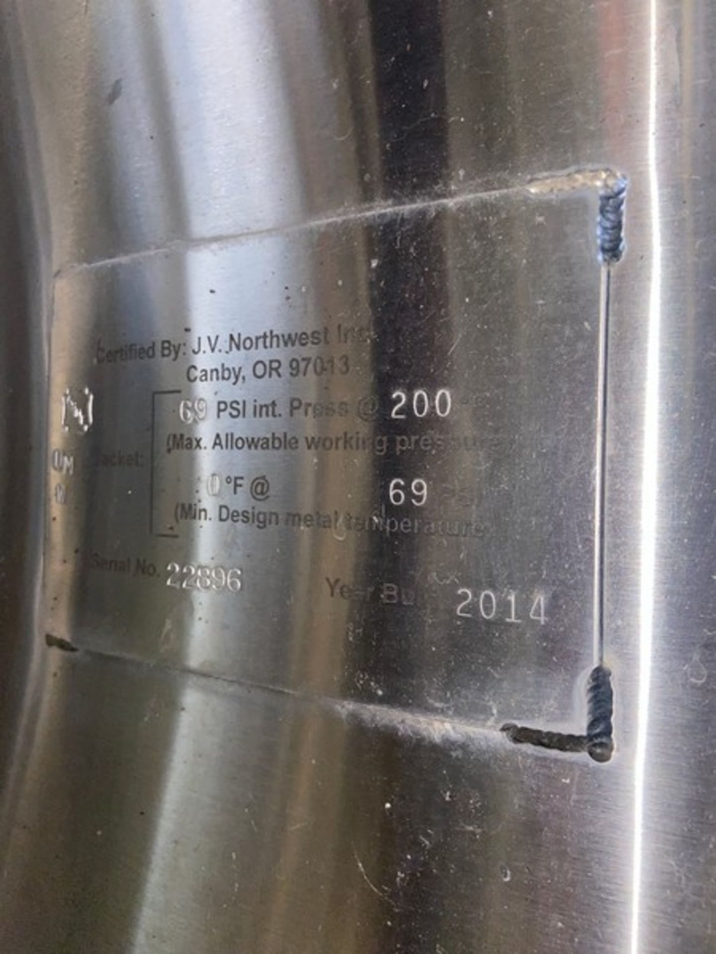 2014 JVNW 15 BBL(465 GAL.) S/S Jacketed Vertical Tank, S/N 22896, 69 PSI Int. Press @ 200 F, 0 F @ 6 - Image 12 of 13
