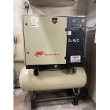 30 HP tank mounted Screw Air Compressor. Manufactured by Ingersol Rand. 125 psig max pressure, 120