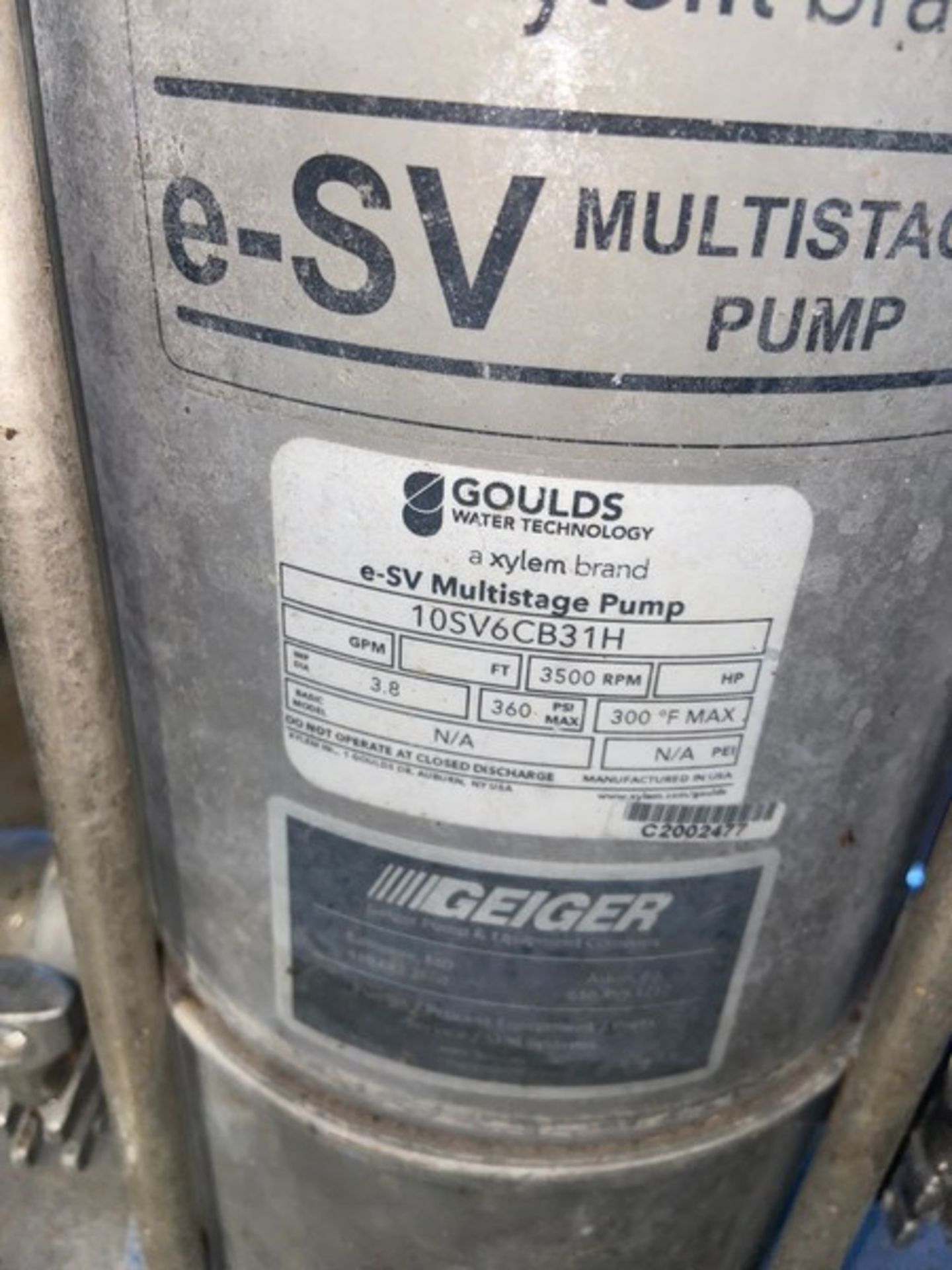 Goulds 3500 RPM Pump, M/N 10SV6CB31H, 360 MAX. PSI (LOCATED IN FREDERICK, MD) - Image 3 of 3