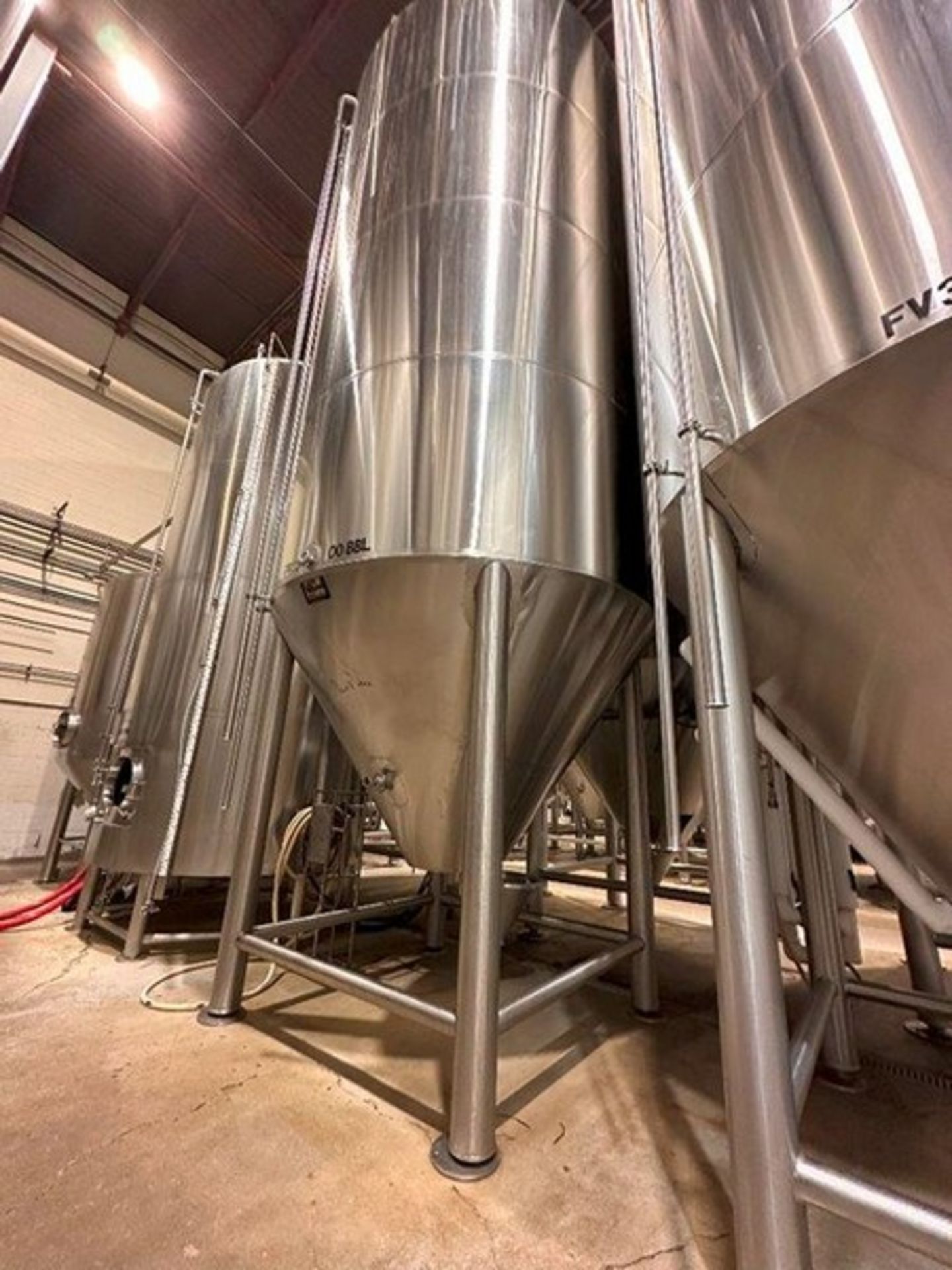 200 BBL (7991 gallon) Vertical Cone Bottom 304 Stainless Steel Jacketed Vessel. Manufactured by JV