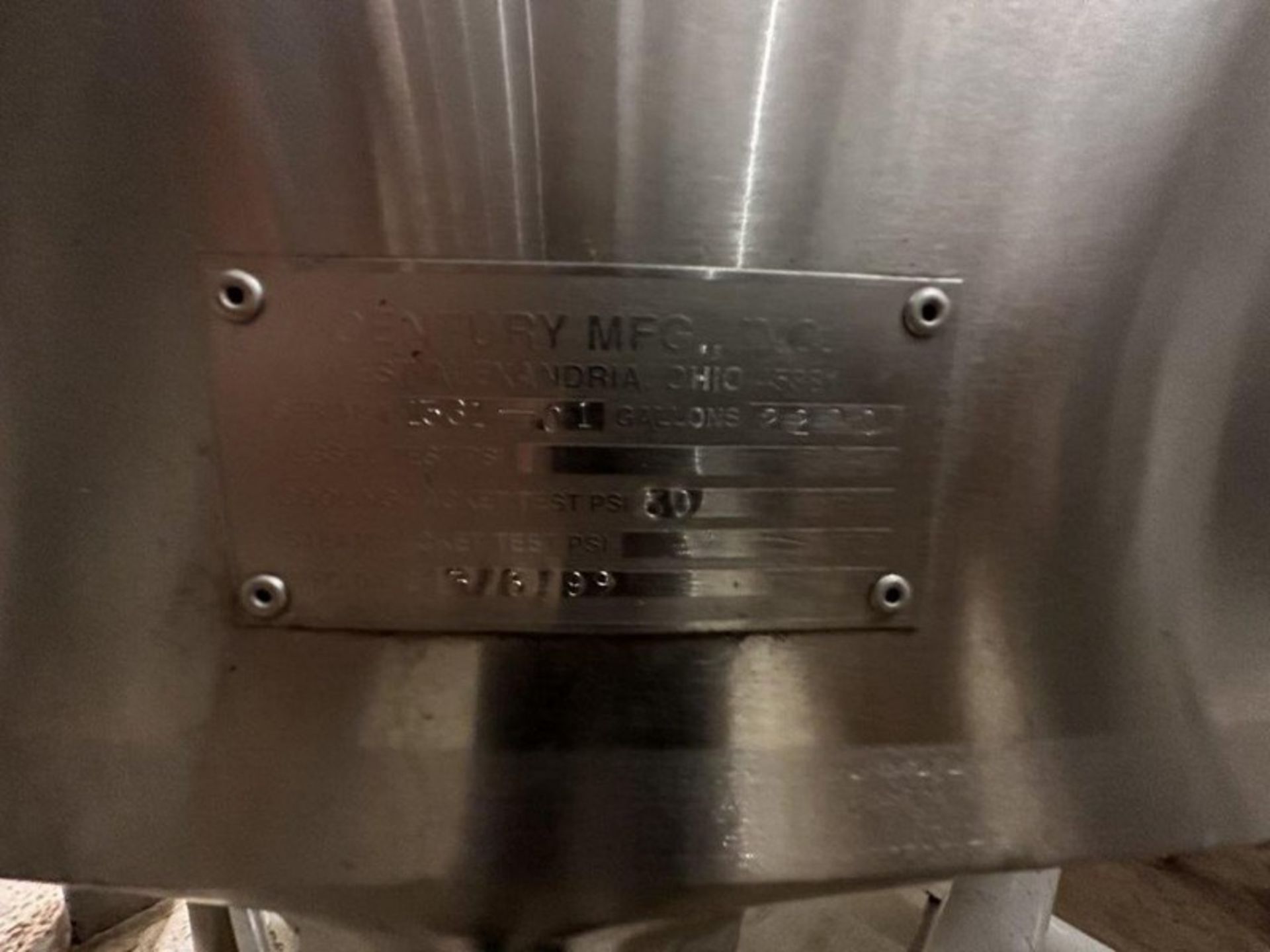50 BBL (2200 Gallon) Vertical Cone Bottom 304 Stainless Steel Jacketed Vessel. Manufactured by Centu - Image 7 of 8