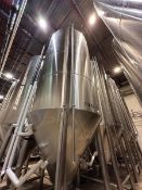200 BBL (7991 gallons) Vertical Cone Bottom 304 Stainless Steel Jacketed Vessel. Manufactured by JV