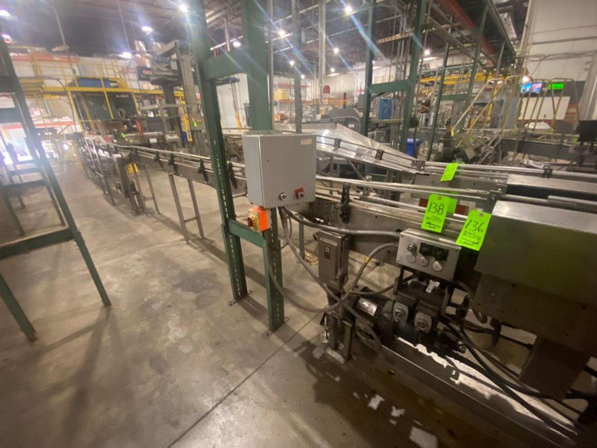 S/S Infeed Conveyor, with Guide Rails, Aprox. 80 ft. to Glass Bottle Orientor (LOCATED IN FREDERICK,