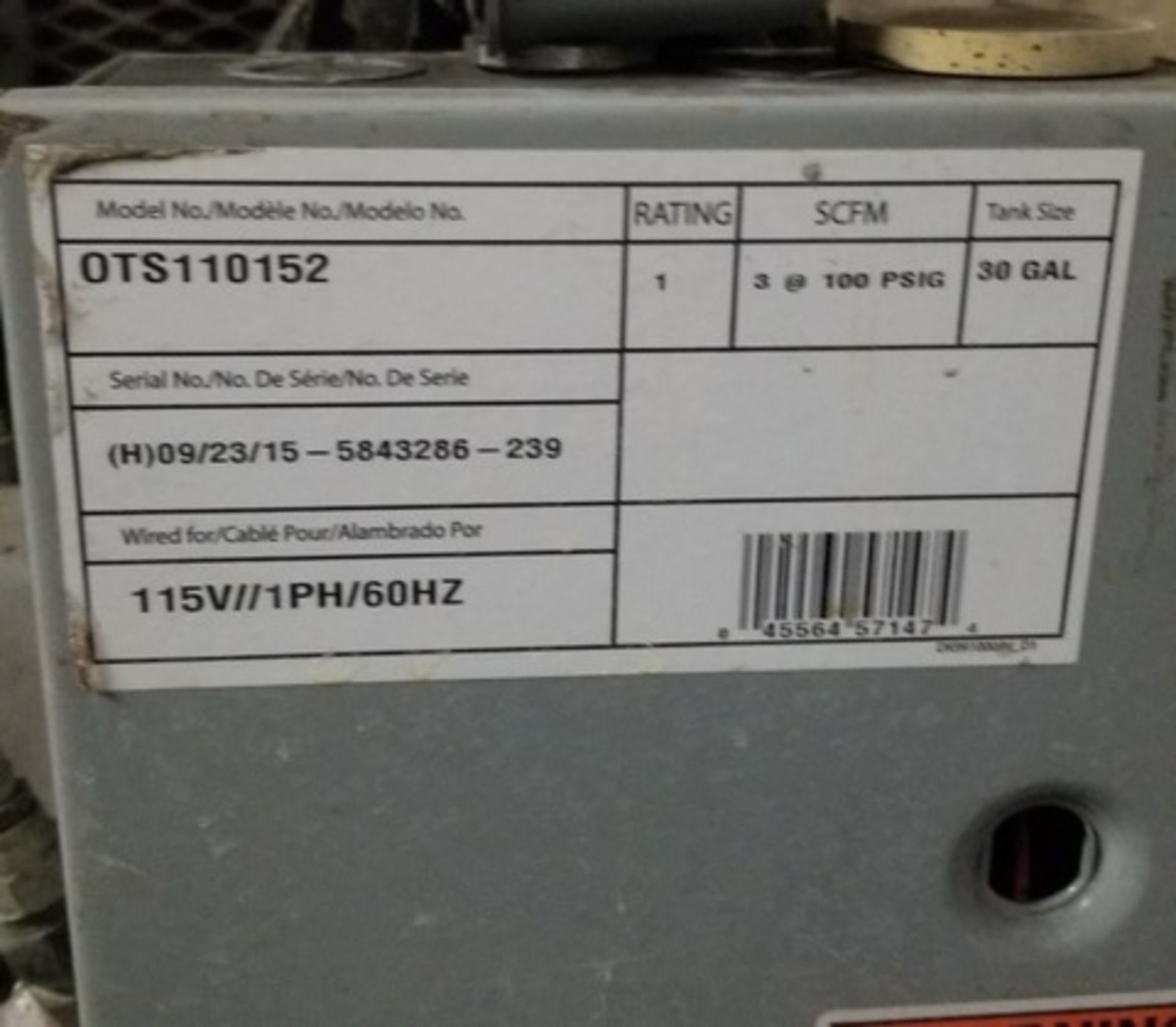 Powerex 1 hp Air Compressor, M/N OTS110152, 115 Volts, 1 Phase, with 30 Gal. Air Receiver (LOCATED I - Bild 2 aus 3