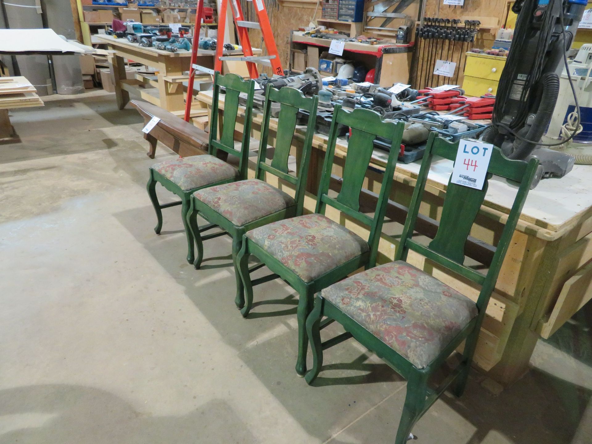 LOT including decorative wood chairs (qty 4) and wood fire mantle approx. 58"x 11"d