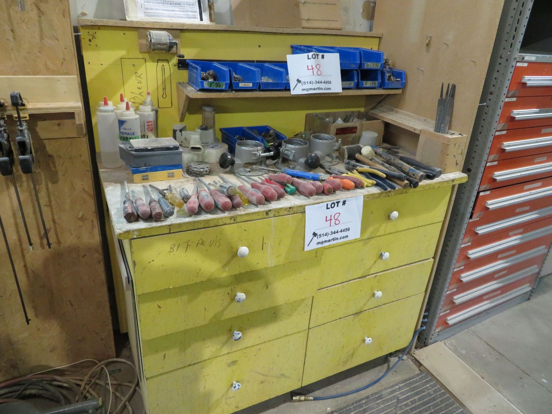 LOT including assorted tools with (2) cabinets and work table