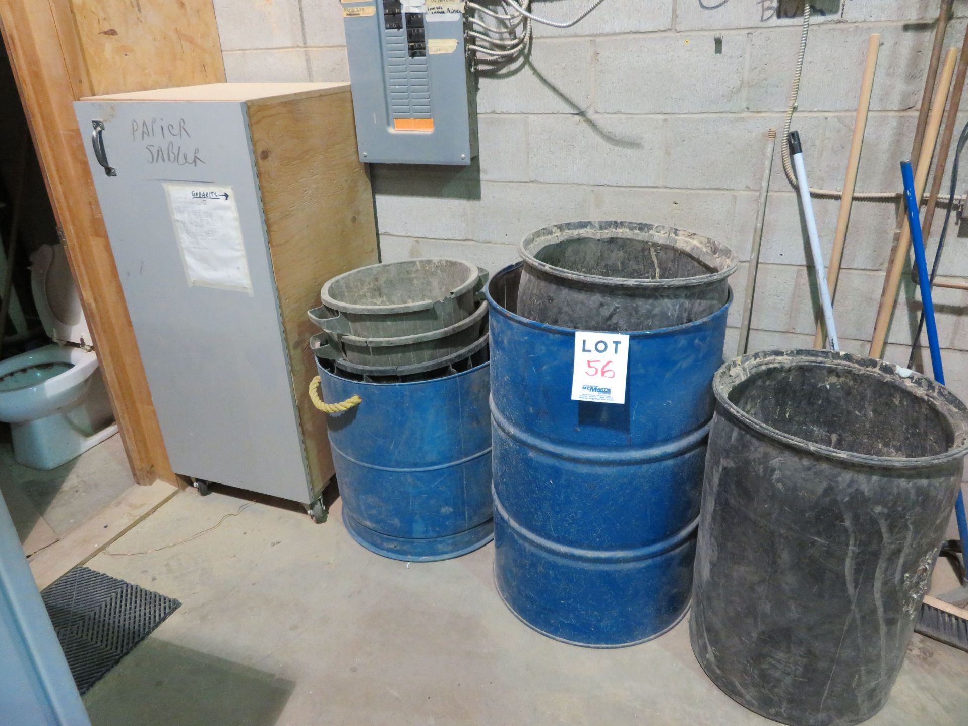 LOT including assorted waste containers and cabinets