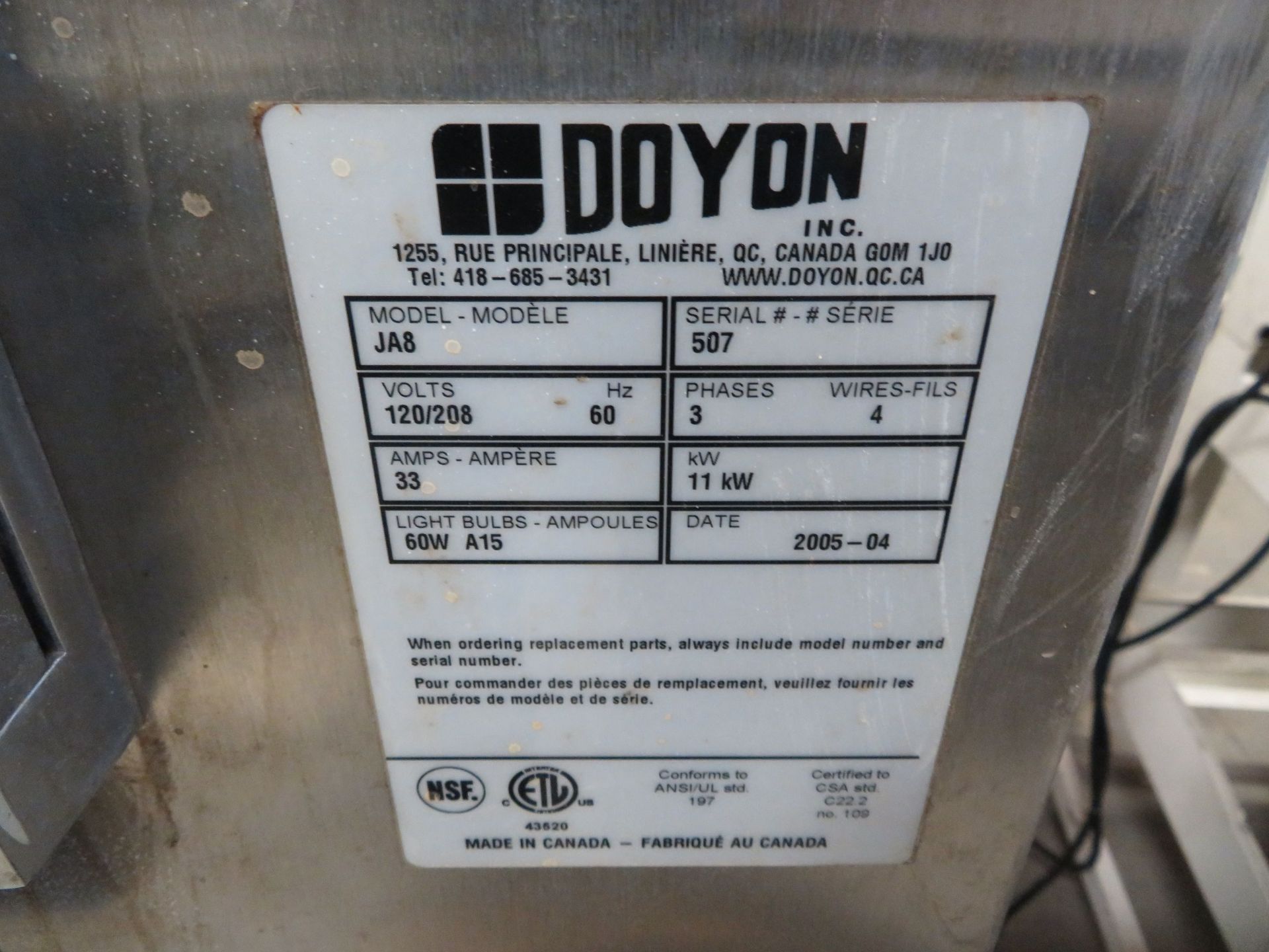 DOYON convection oven #JA8, 120/208 volt, 3 phase, approx. 37"w x 56"d x 74"h - Image 2 of 6