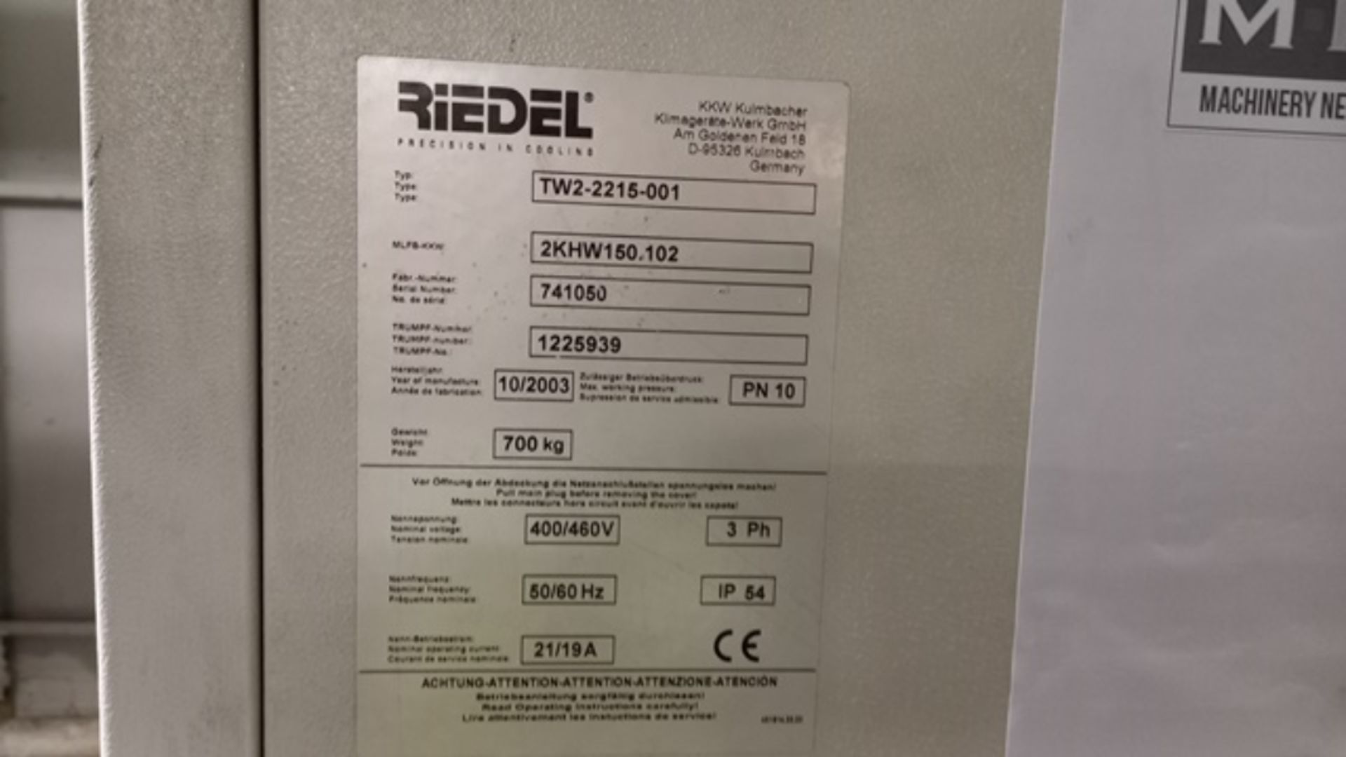 Riedel TW2-2215-001 Water Cooling Chiller, s/n 741050, New 2003 - Image 4 of 4