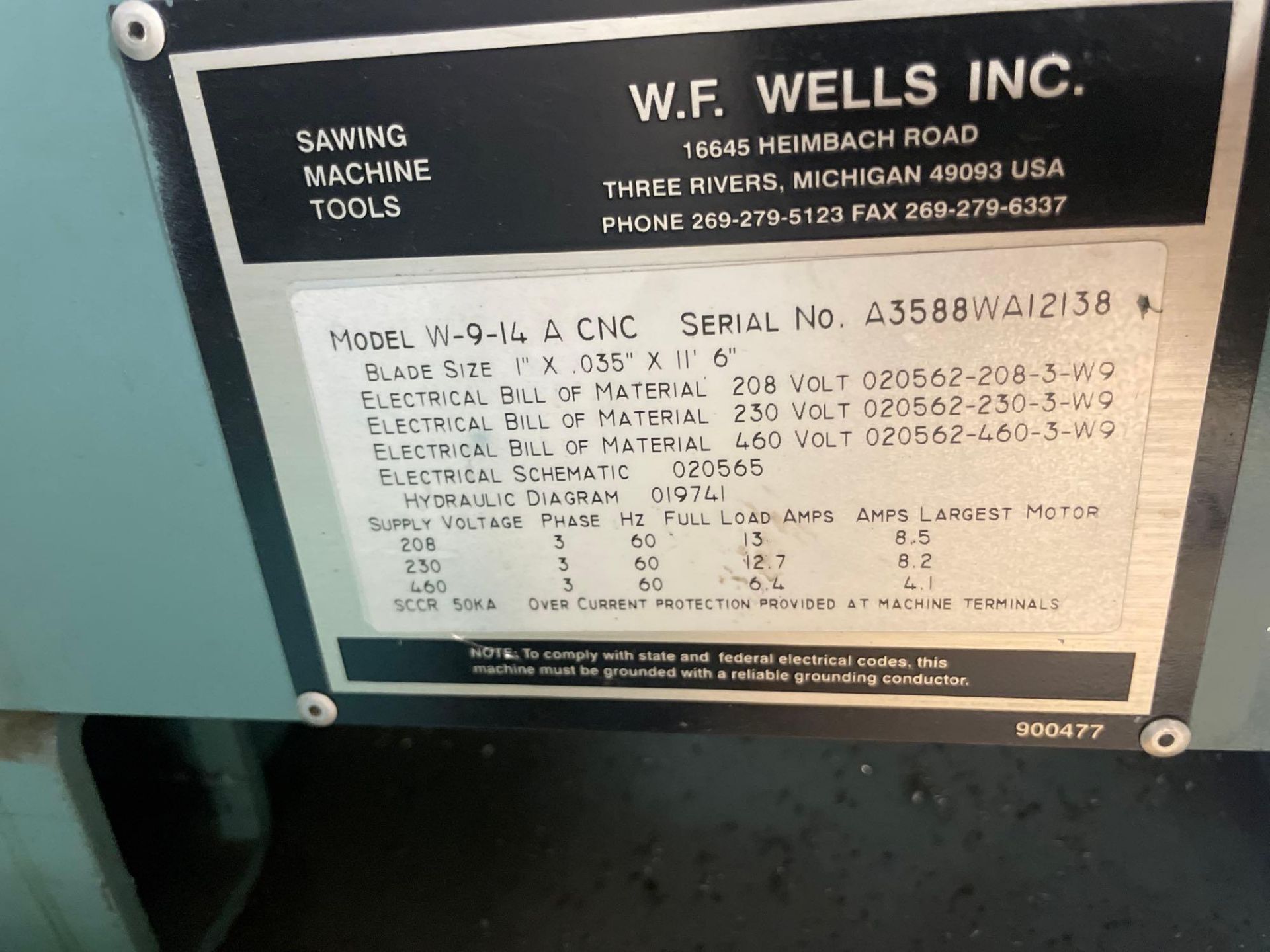 WF Wells Horizontal Bandsaw, m/n W-9-14 A-CNC, s/n A3588W12138 - Image 8 of 8