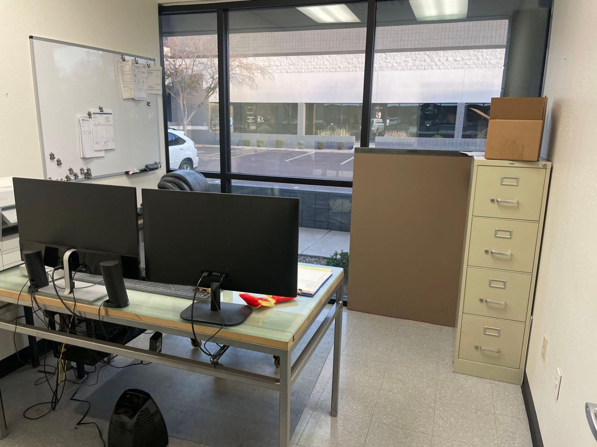 Office Desk, Monitors, and 4 Door File Cabinet