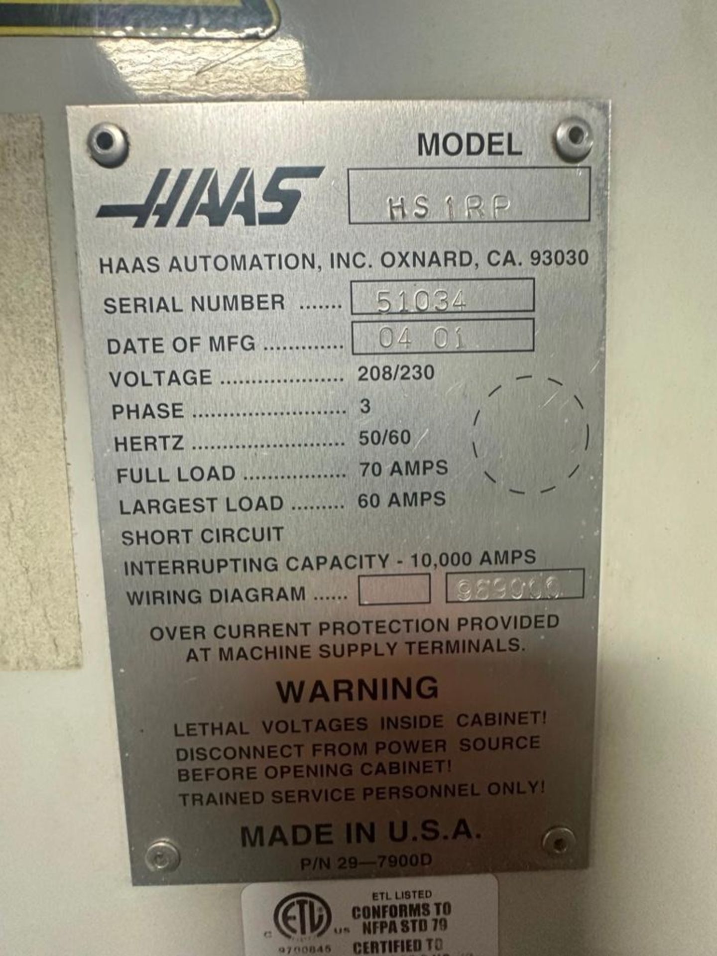 Haas HS1RP 4-Axis Horizontal Machining Center, 24" x 20" x 22" Trvls., New 2001 - Image 10 of 10