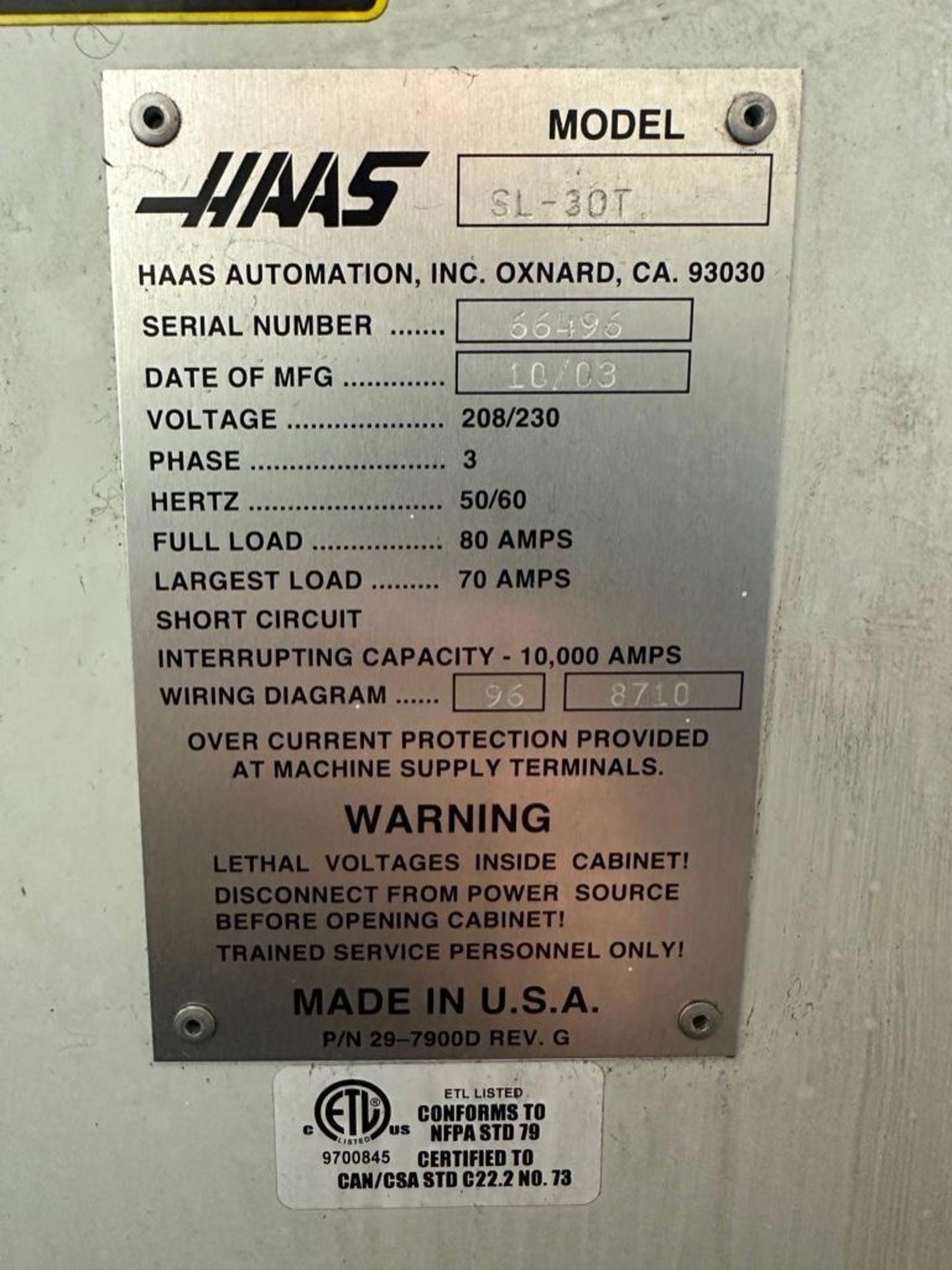 Haas SL-30T 2-Axis CNC Lathe, 30” Swing, 32” Machining Length, 10” Chuck, 3” Bar Cap., New 2003 - Image 6 of 8