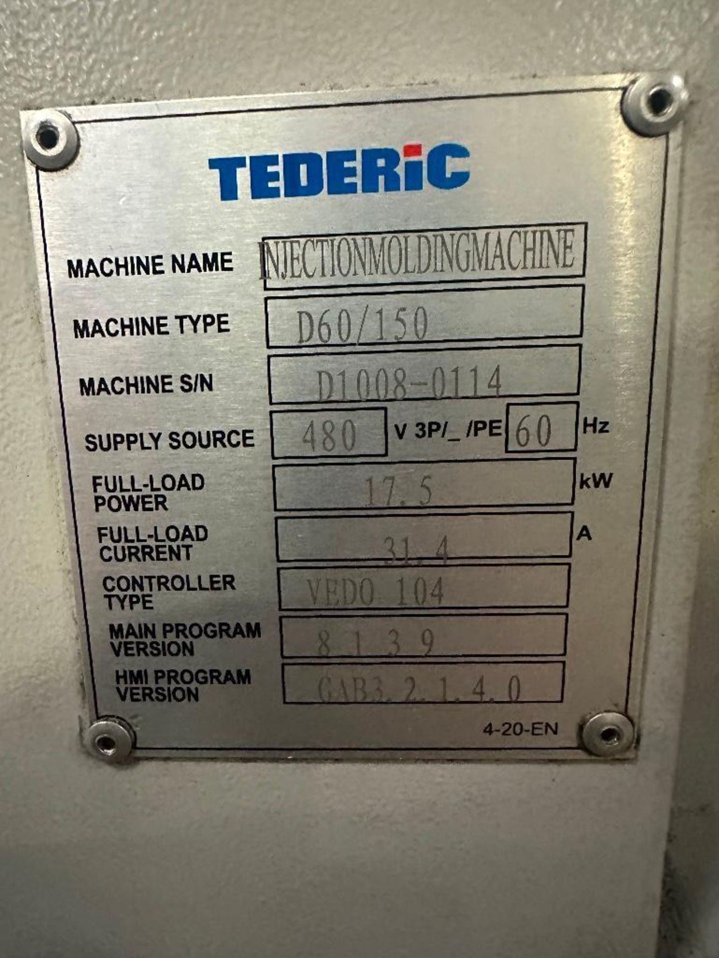 66 Ton Tederic D60/150 Plastic Injection Molder, Gefran GF Vedo 104 Control, s/n D1008-0114, New - Image 21 of 23