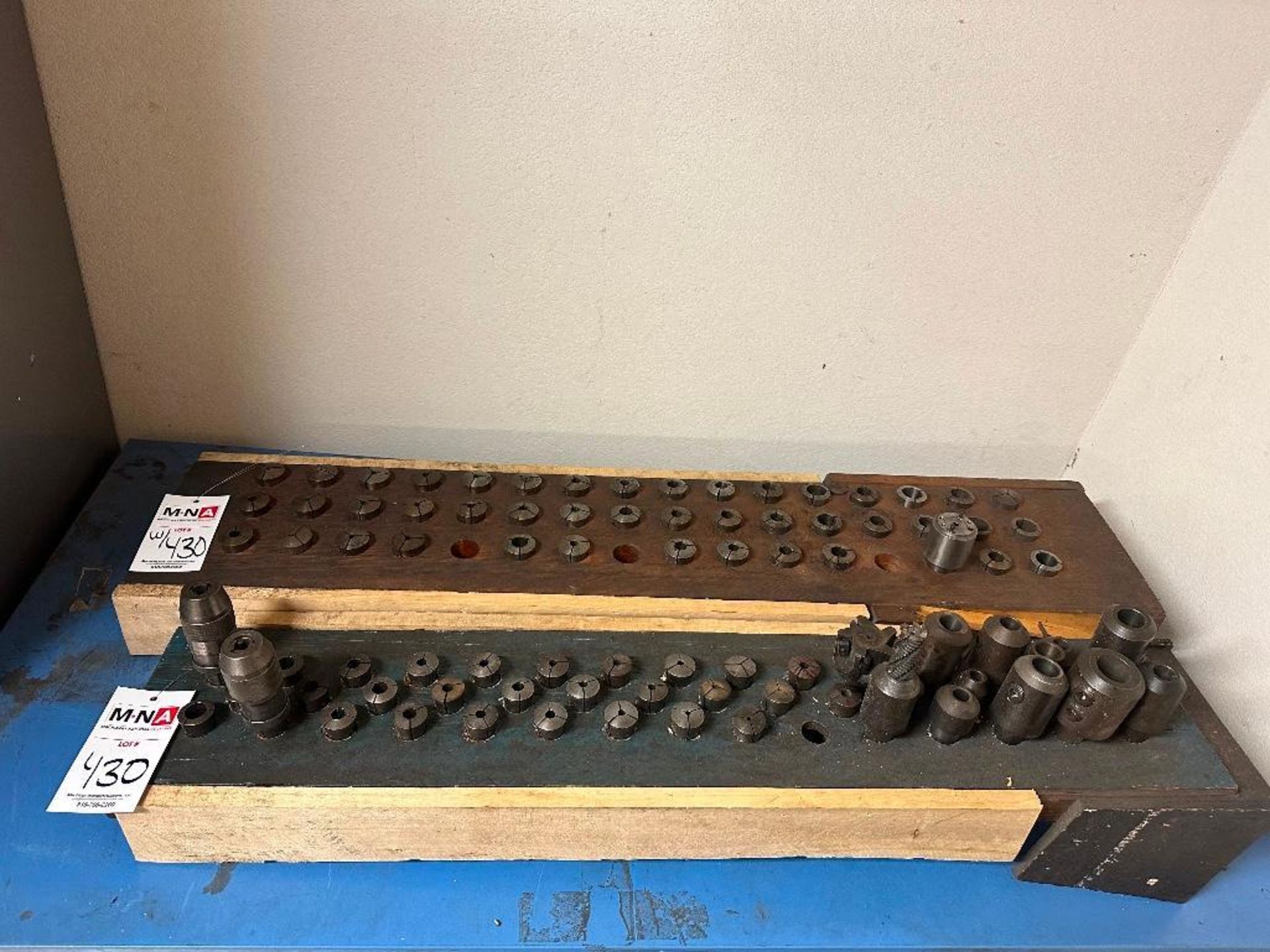 Assorted Collets, Endmill Holders & Drill Chucks w/ Tool Rack