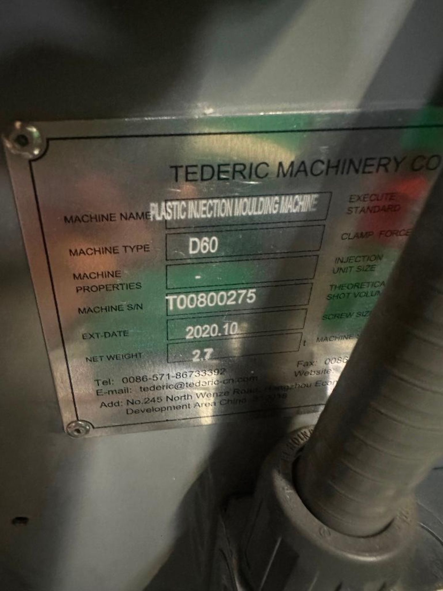 66 Ton Tederic D60 Plastic Injection Molder, Keba 12000 Control, s/n T00800275, New 2020 - Image 14 of 15
