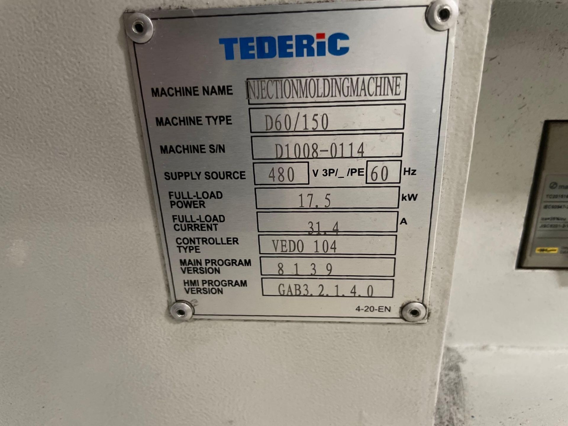 66 Ton Tederic D60/150 Plastic Injection Molder, Gefran GF Vedo 104 Control, s/n D1008-0114, New - Image 22 of 23