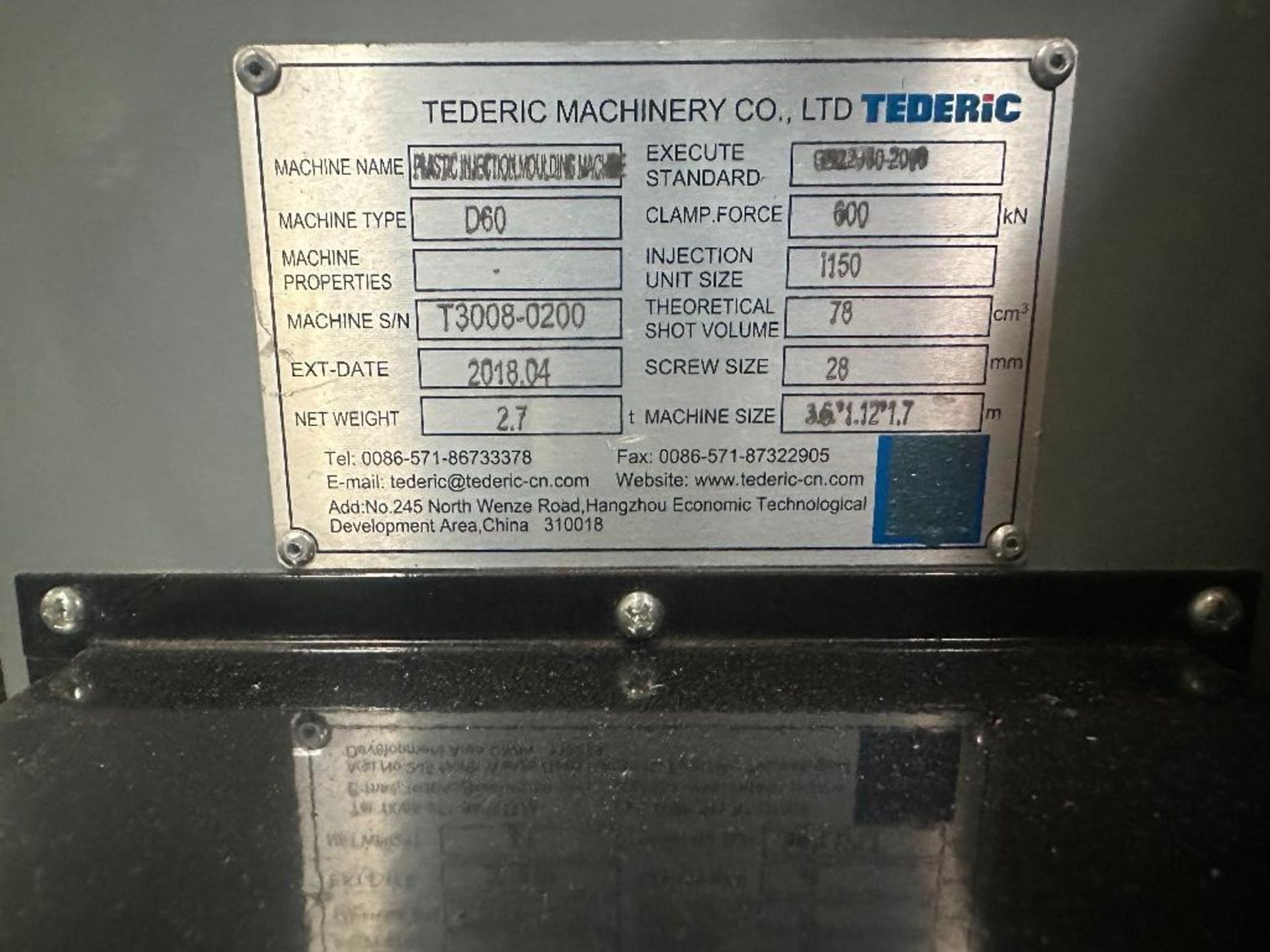 66 Ton Tederic D60 Plastic Injection Molder, Keba 12000 Control, s/n T3008-0200, New 2018 - Image 16 of 17