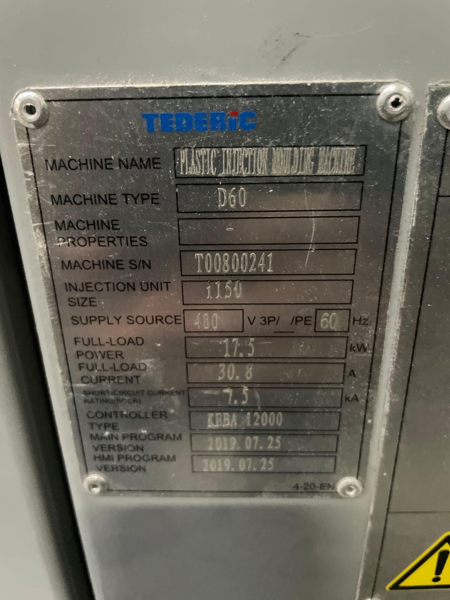 66 Ton Tederic D60 Plastic Injection Molder, Keba 12000, s/n T00800241, New 2019 - Image 11 of 11