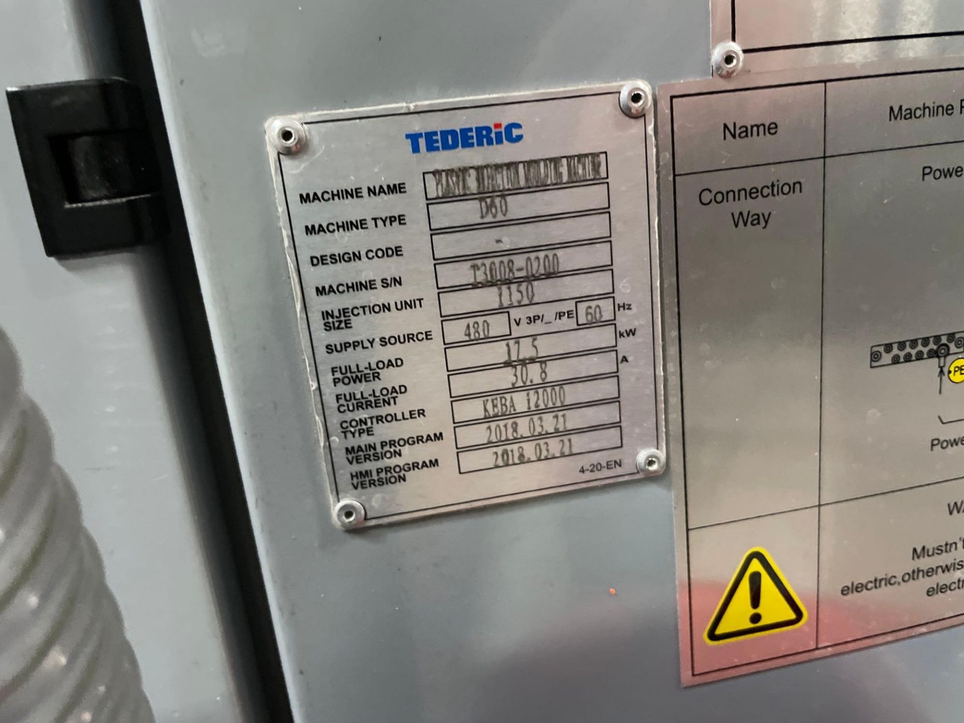 66 Ton Tederic D60 Plastic Injection Molder, Keba 12000 Control, s/n T3008-0200, New 2018 - Image 17 of 17