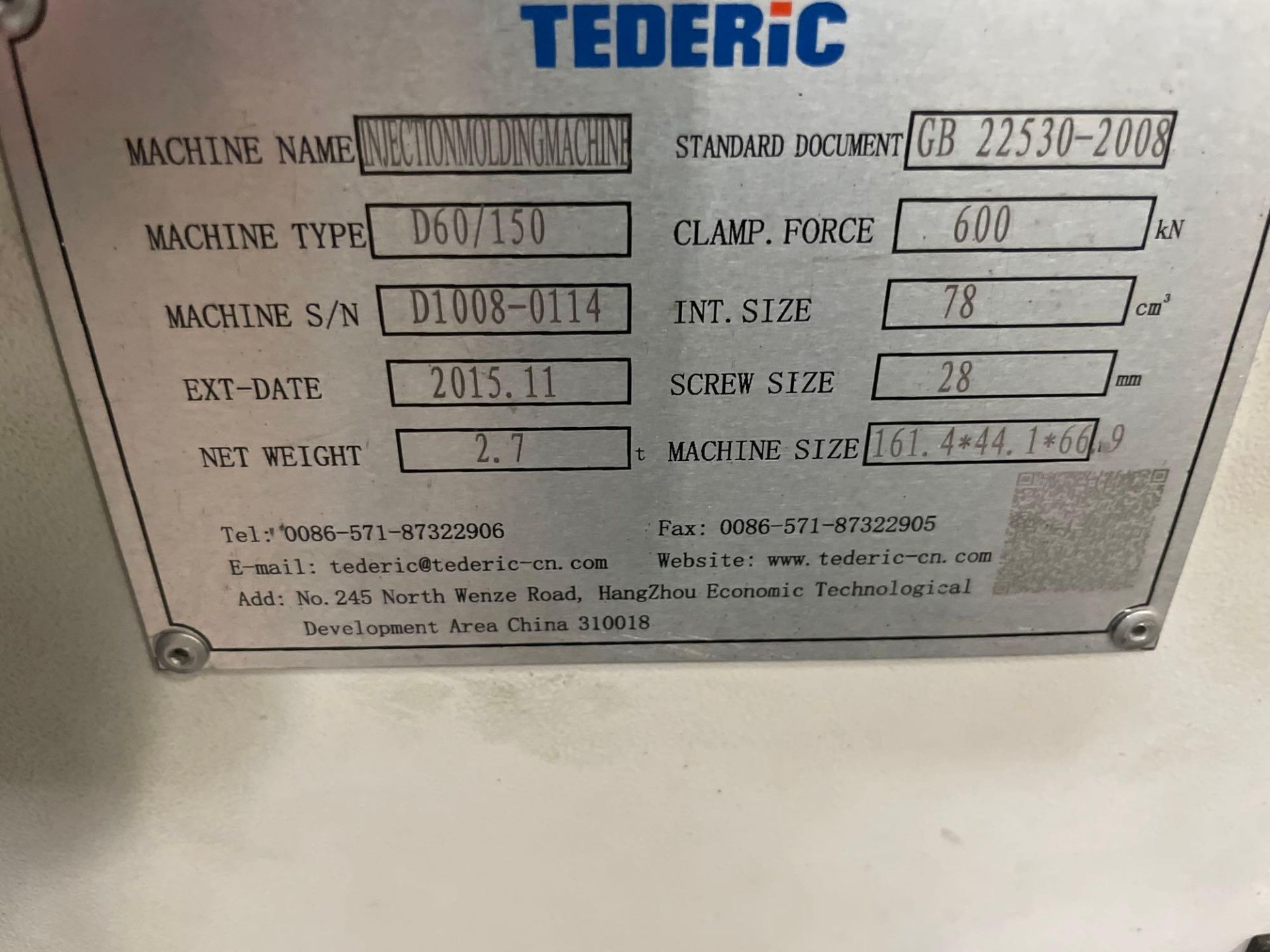 66 Ton Tederic D60/150 Plastic Injection Molder, Gefran GF Vedo 104 Control, s/n D1008-0114, New - Image 23 of 23