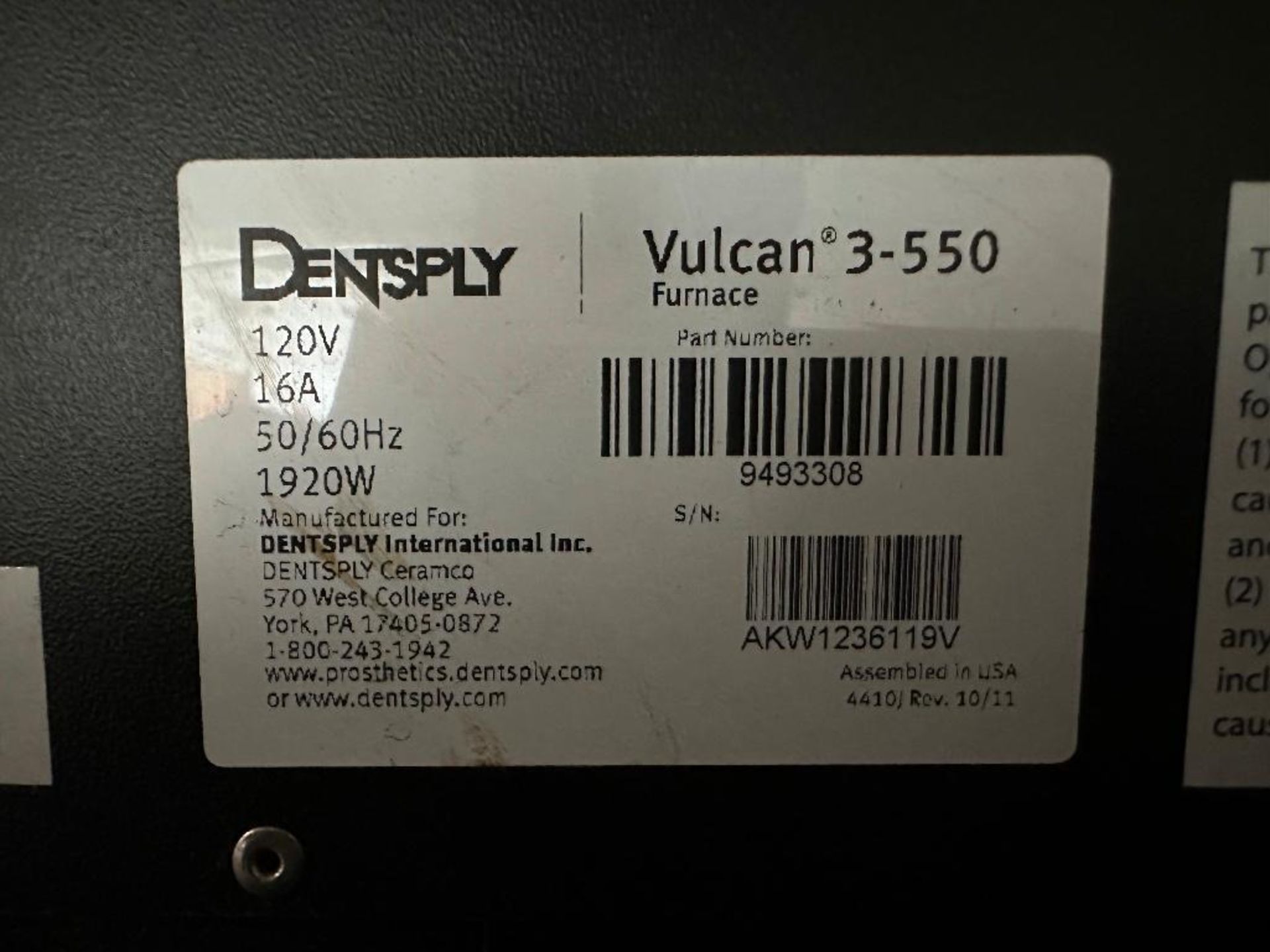Dentsply Vulcan 3-550 Programmable Furnace, s/n AKW1236119V - Image 8 of 8